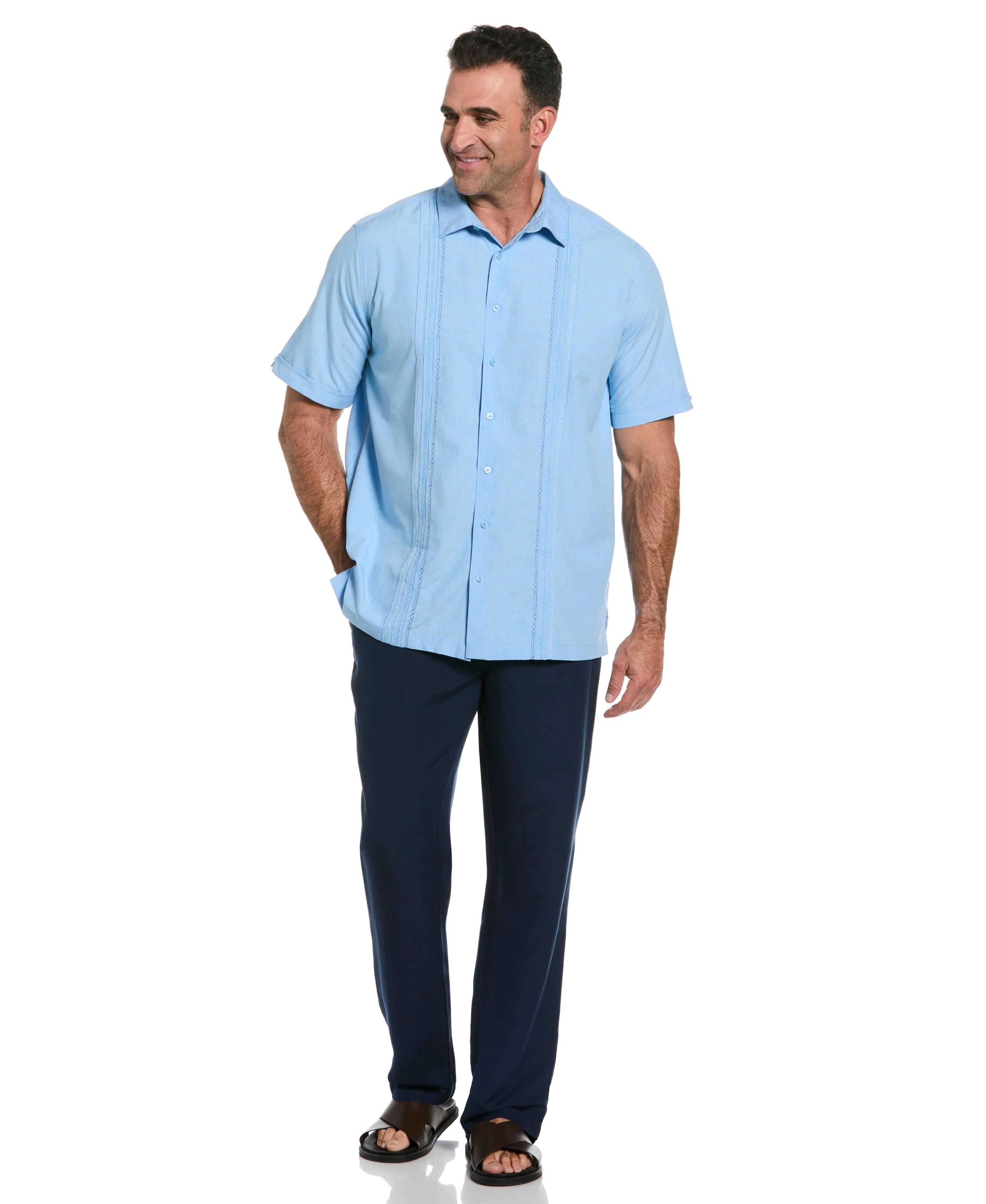Big & Tall Geo Embroidered Panel Chambray Shirt - Image 17