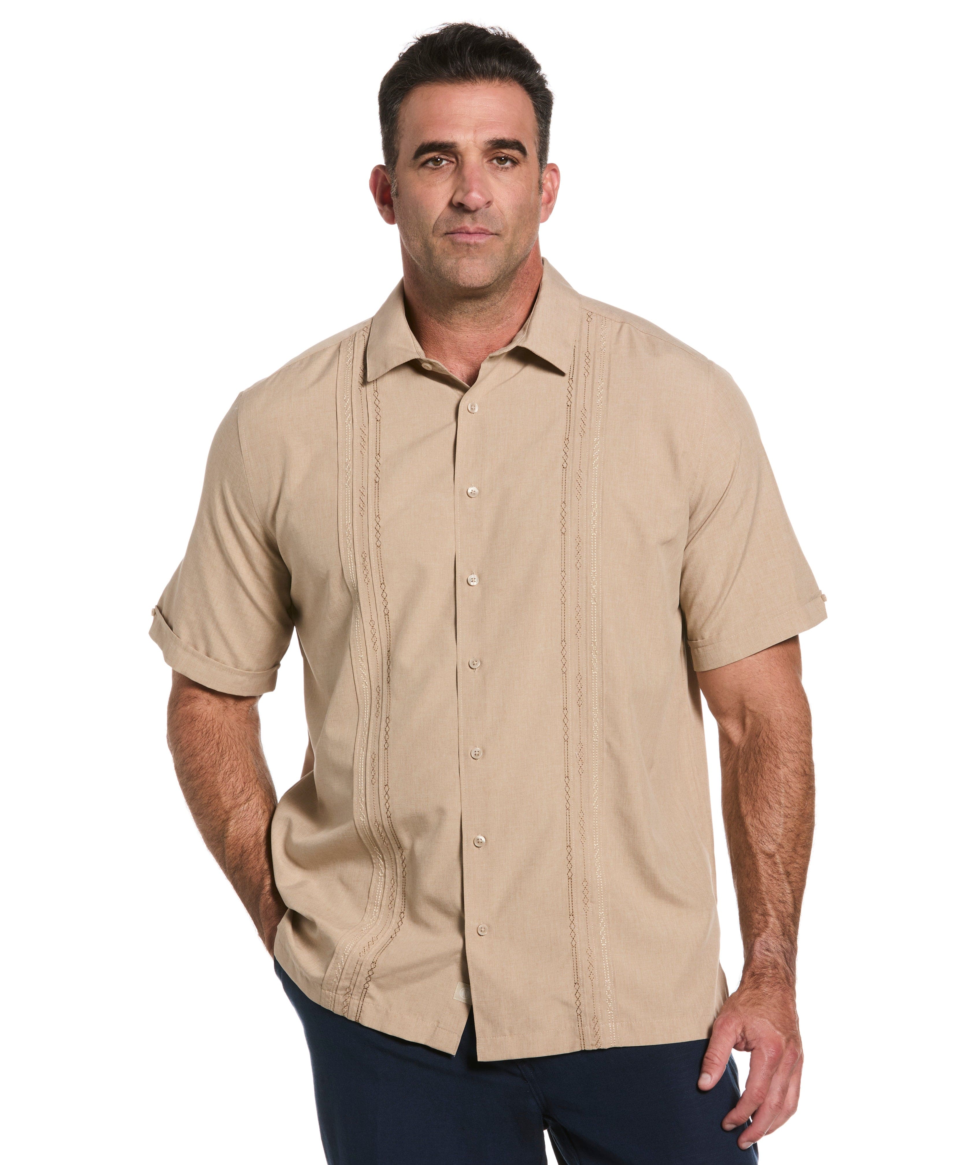 Big & Tall Geo Embroidered Panel Chambray Shirt - Image 20