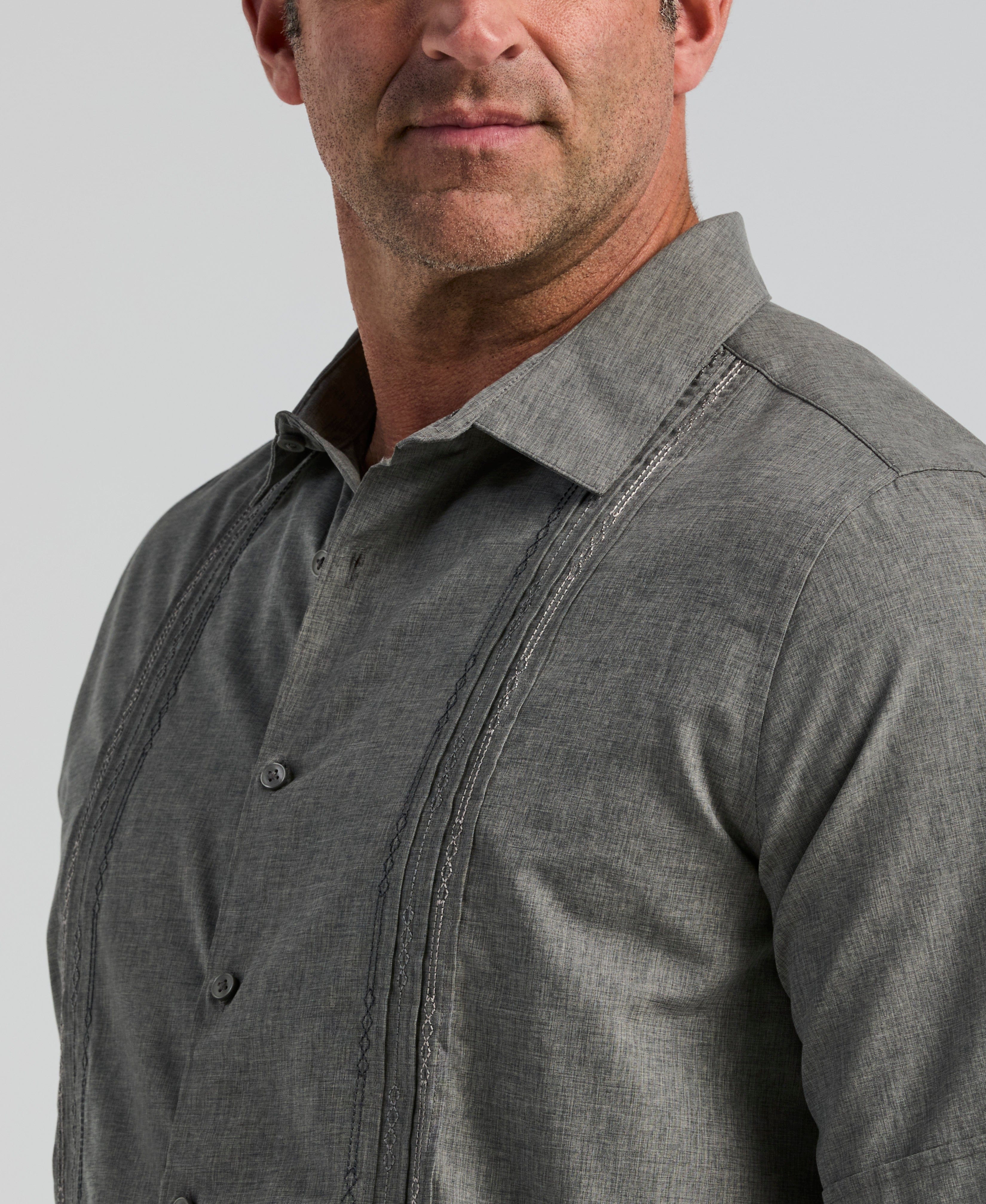 Big & Tall Geo Embroidered Panel Chambray Shirt - Image 3