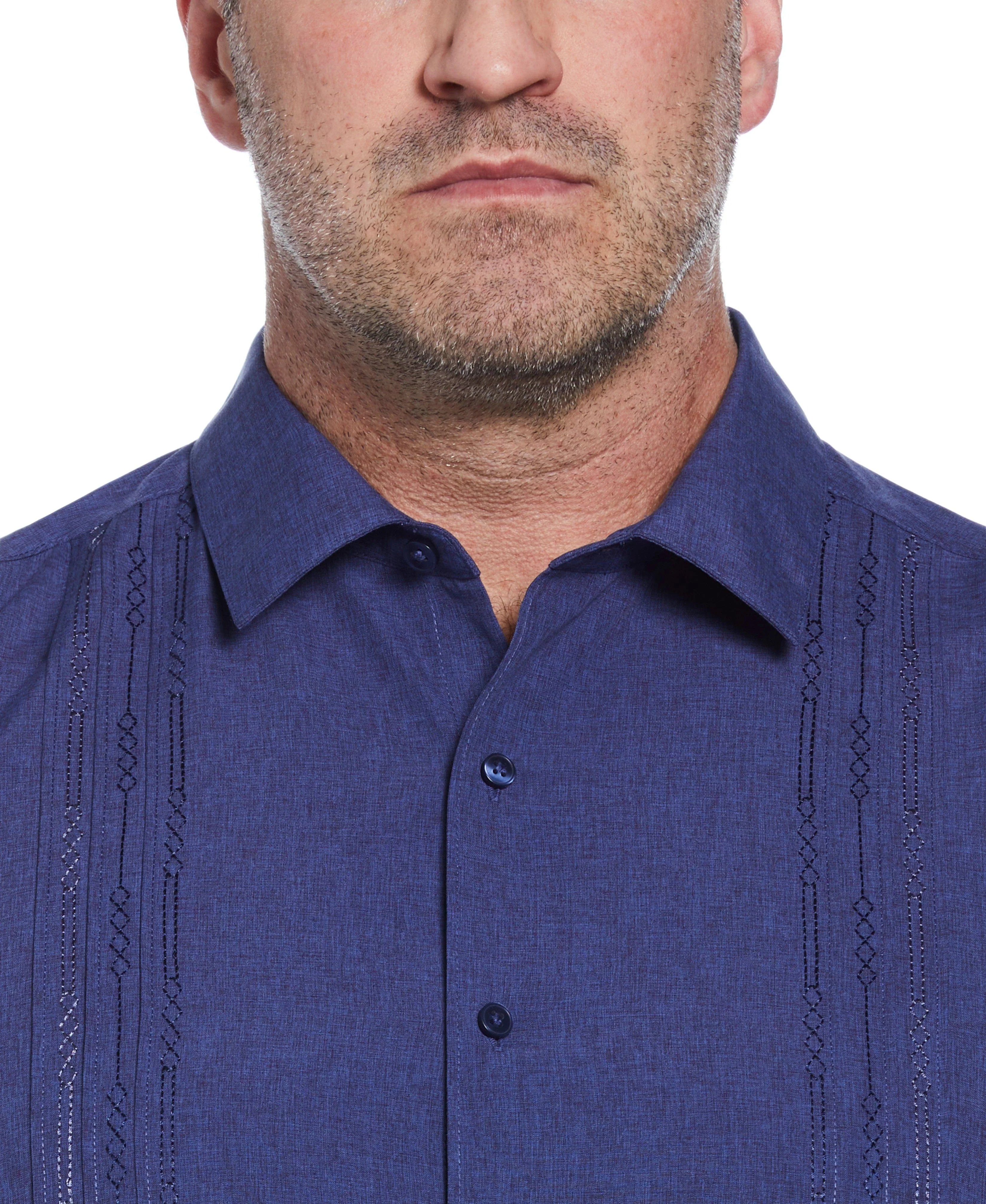 Big & Tall Geo Embroidered Panel Chambray Shirt - Image 35
