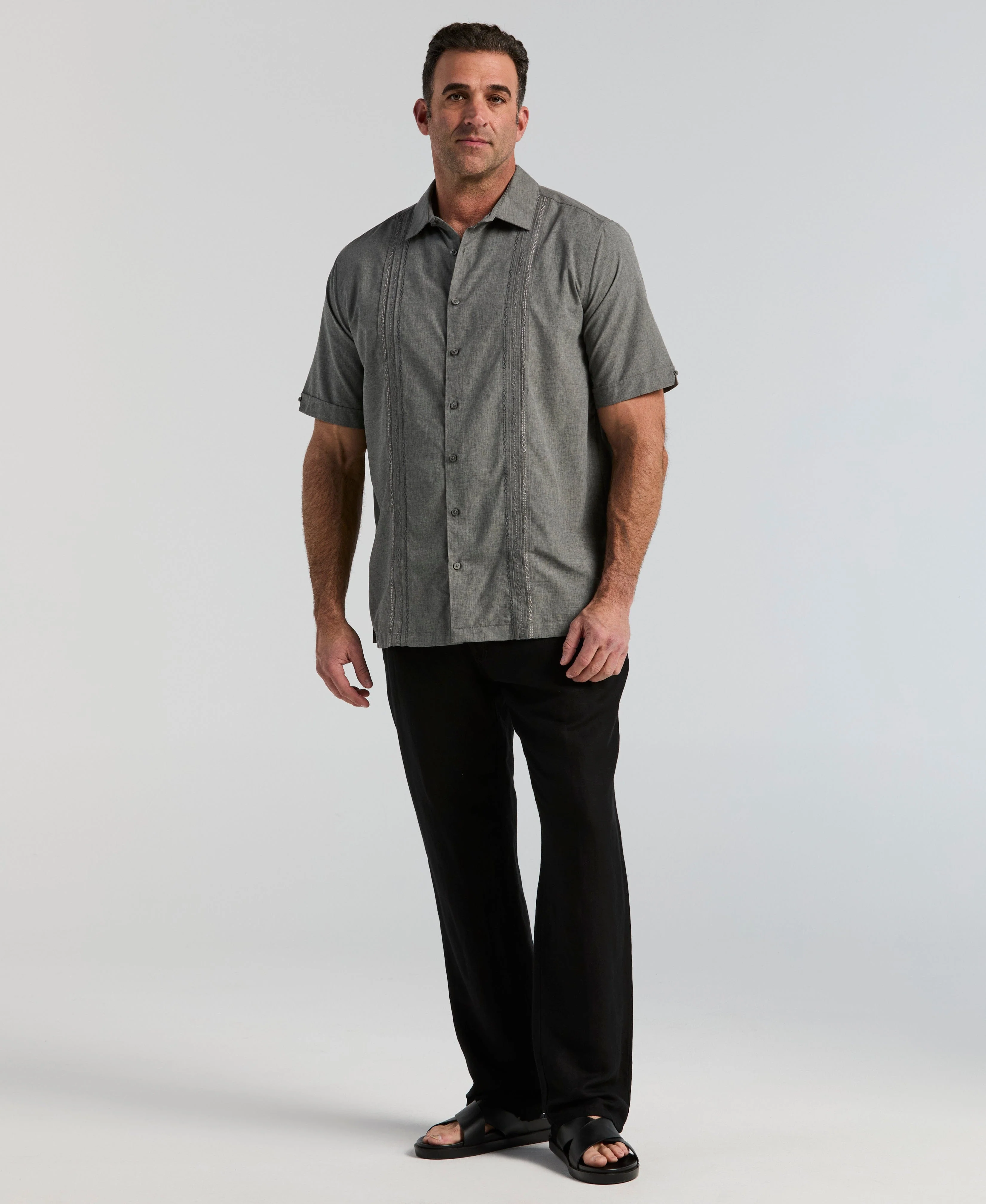 Big & Tall Geo Embroidered Panel Chambray Shirt - Image 4