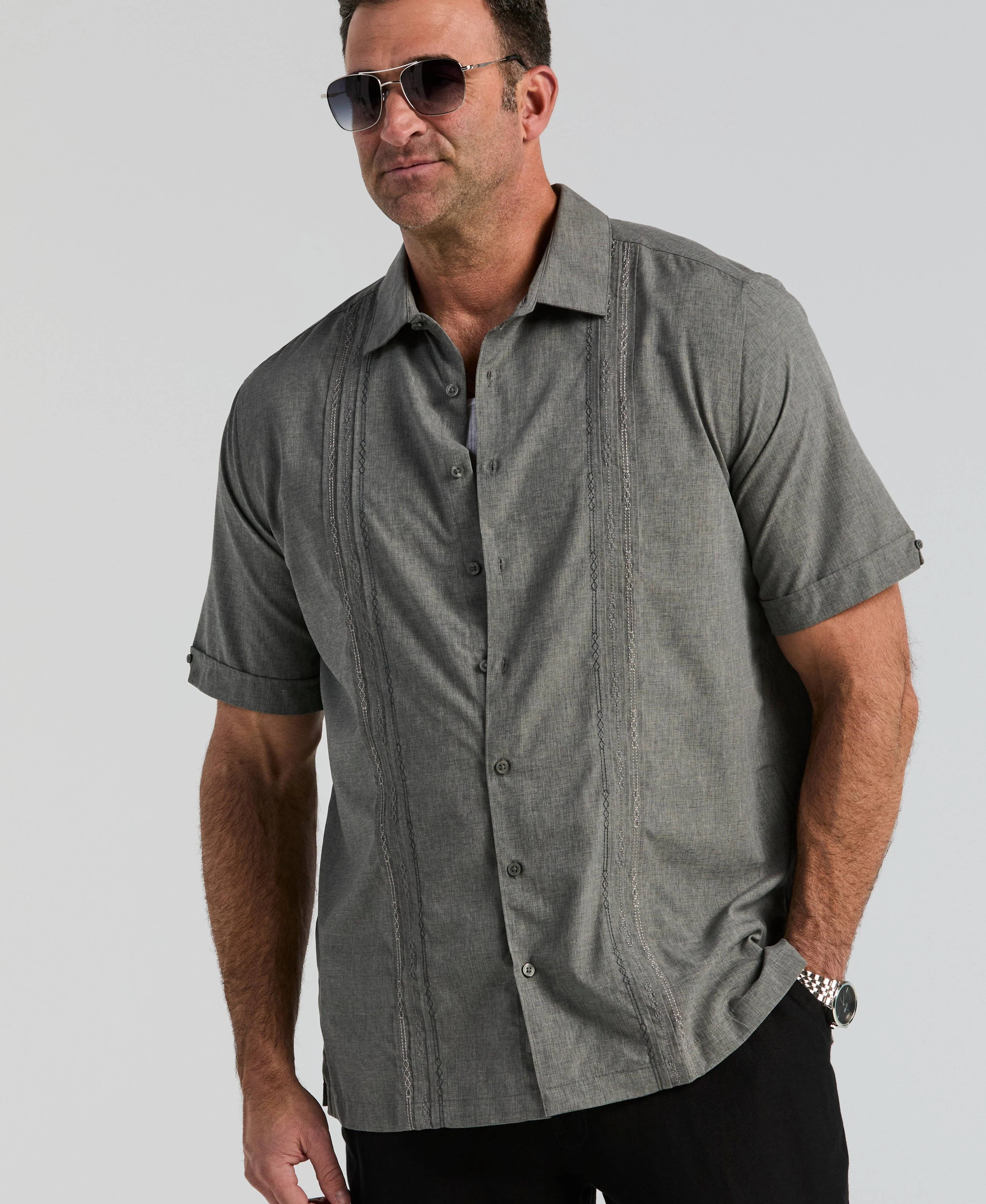 Big & Tall Geo Embroidered Panel Chambray Shirt - Image 6