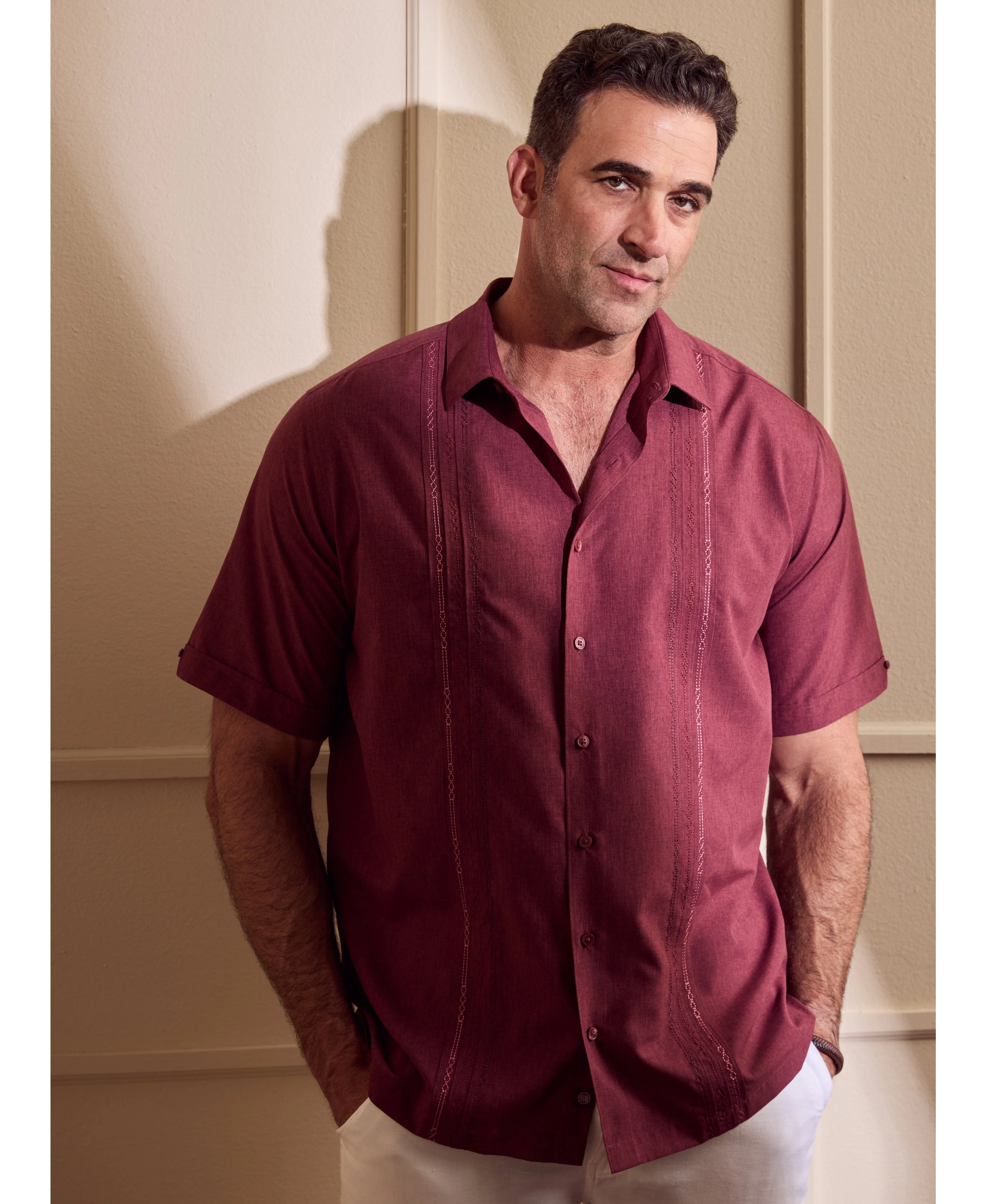 Big & Tall Geo Embroidered Panel Chambray Shirt - Image 8