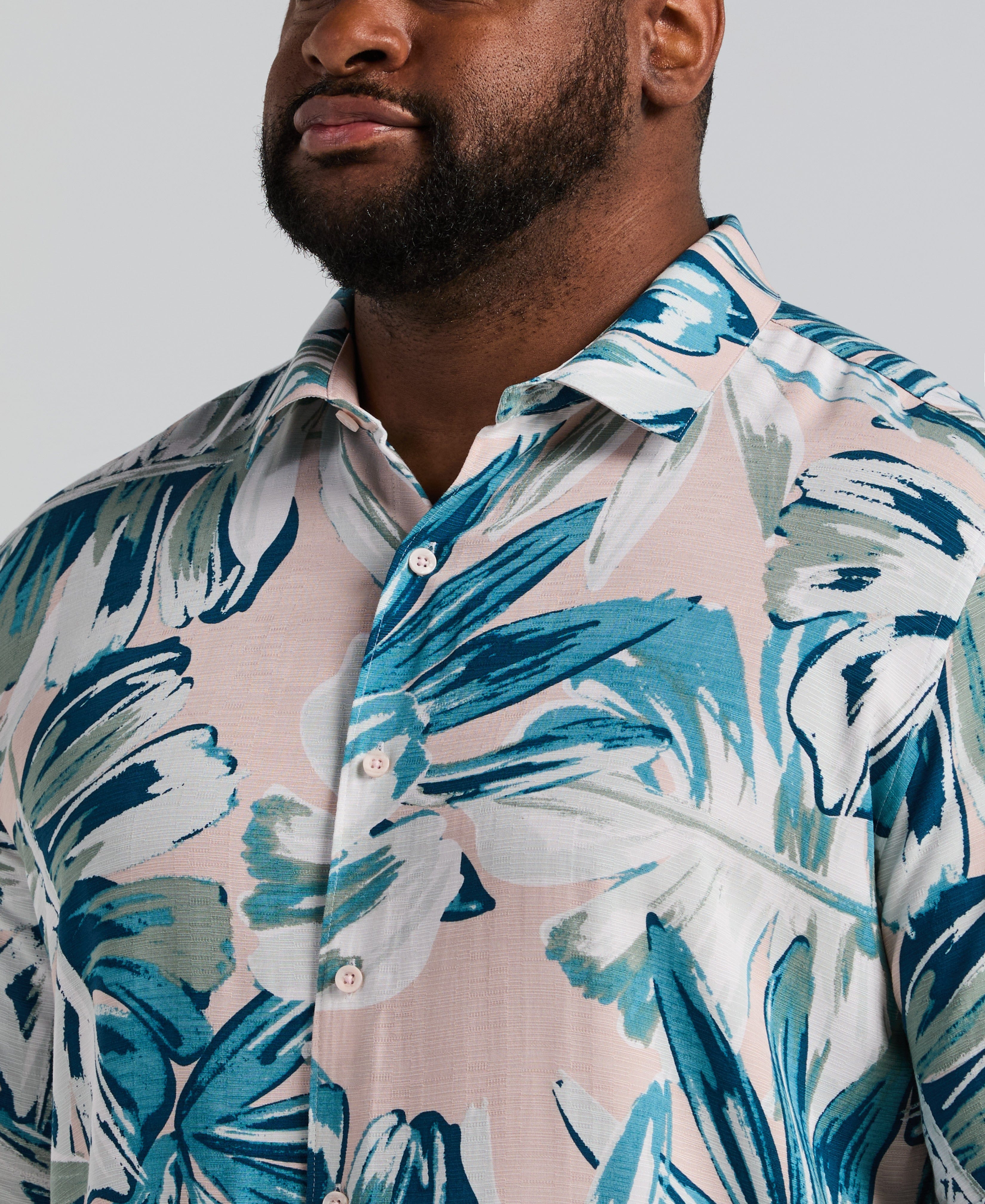 Big & Tall Textured Oversized Leaf Print Shirt - Image 5