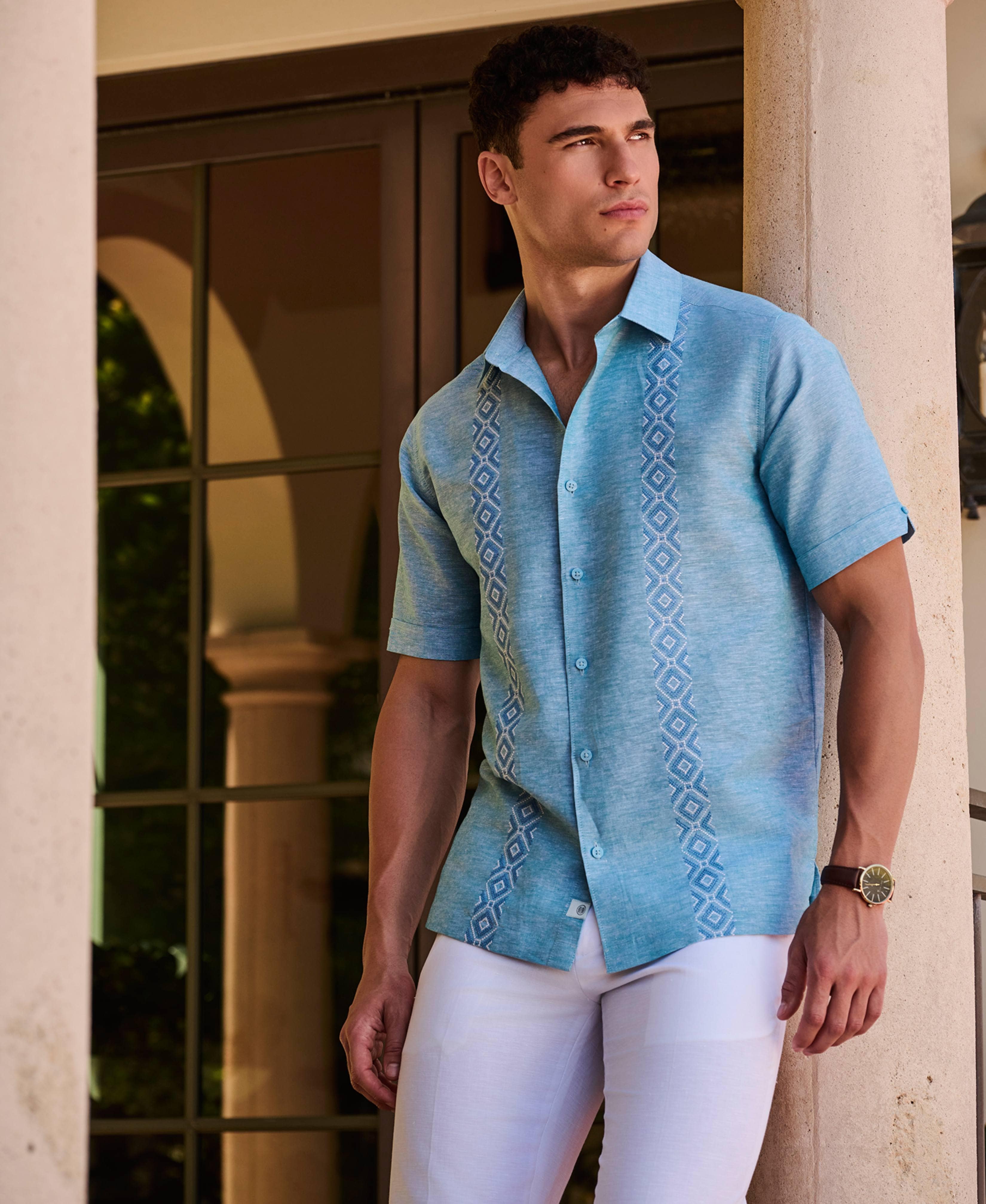 Linen Blend Argyle Embroidered Chambray Shirt - Image 2