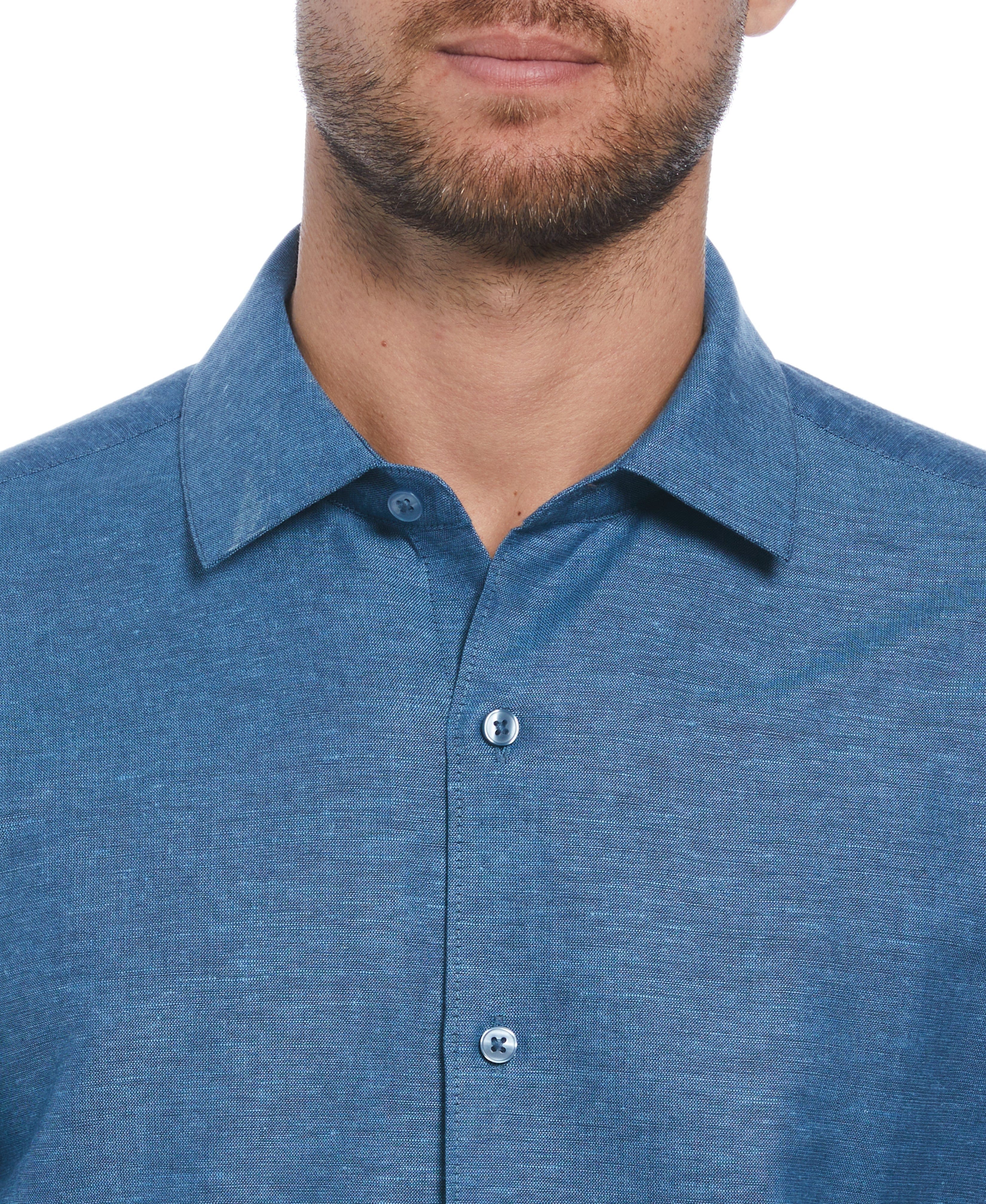 Linen Blend Asymmetrical Tropical Leaf Print Shirt - Image 3