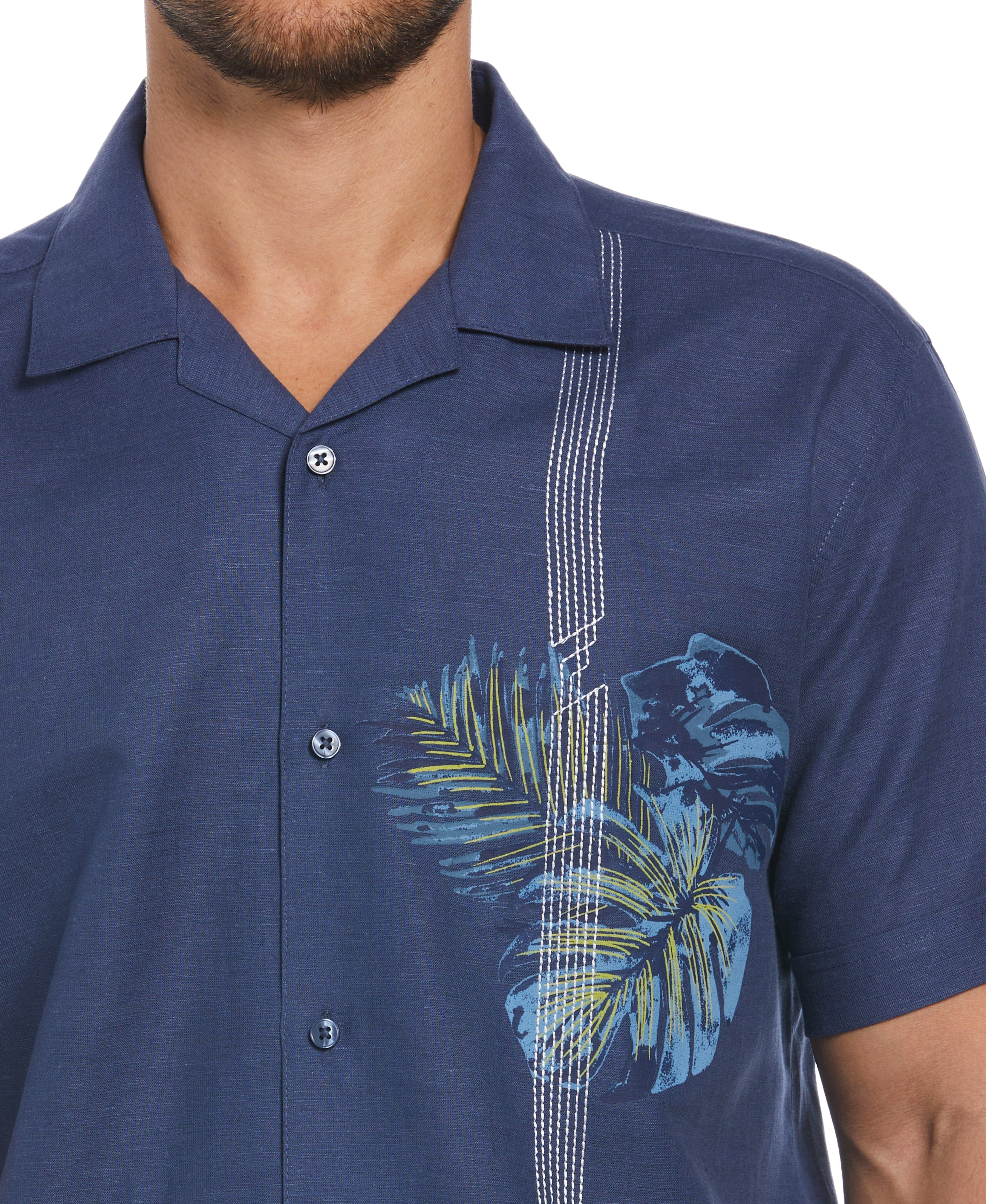 Linen Blend Asymmetrical Tropical Print Cuban Collar Shirt - Image 3