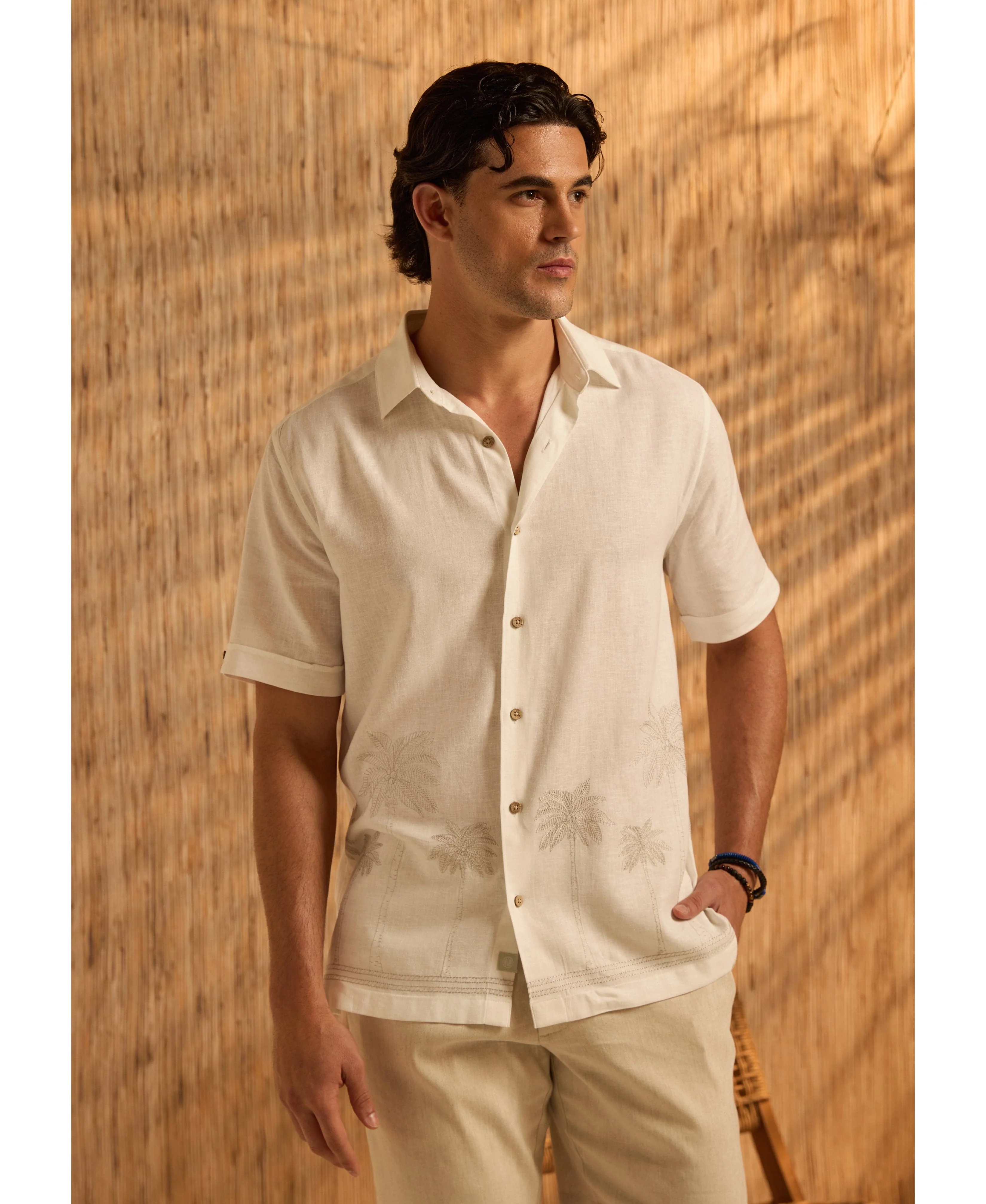 Linen Blend Border Palm Embroidered Shirt - Image 2