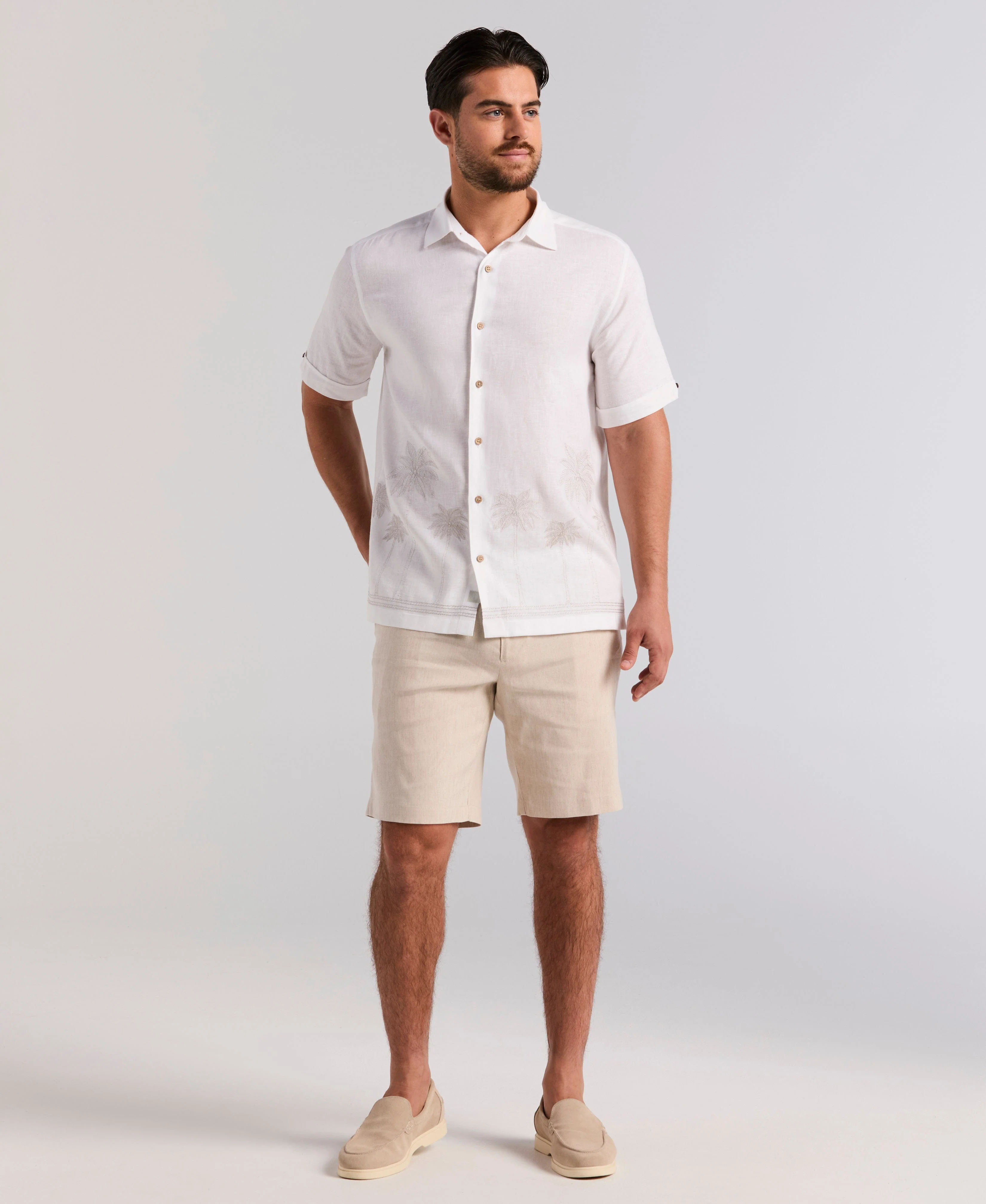 Linen Blend Border Palm Embroidered Shirt - Image 4