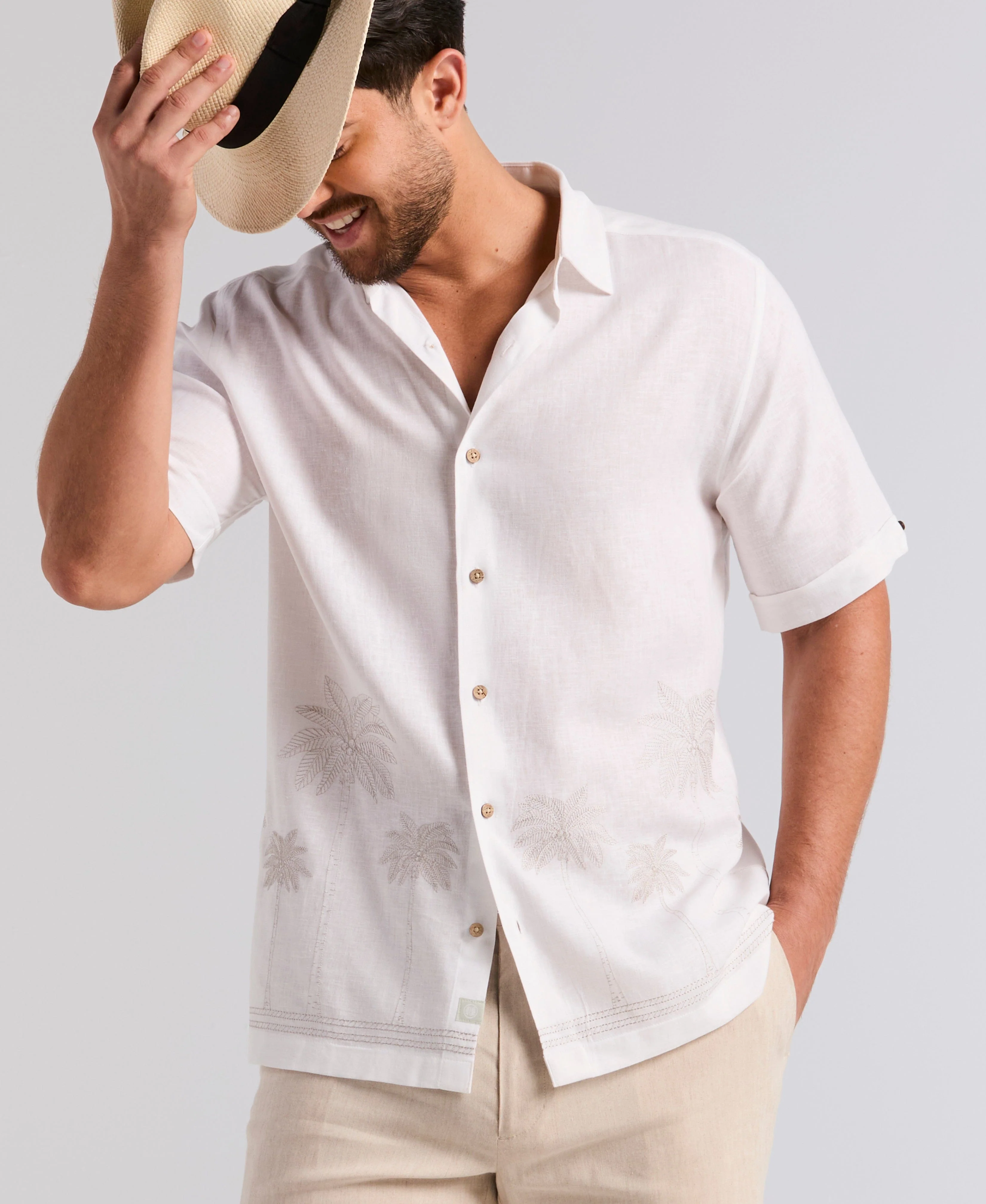 Linen Blend Border Palm Embroidered Shirt - Image 6