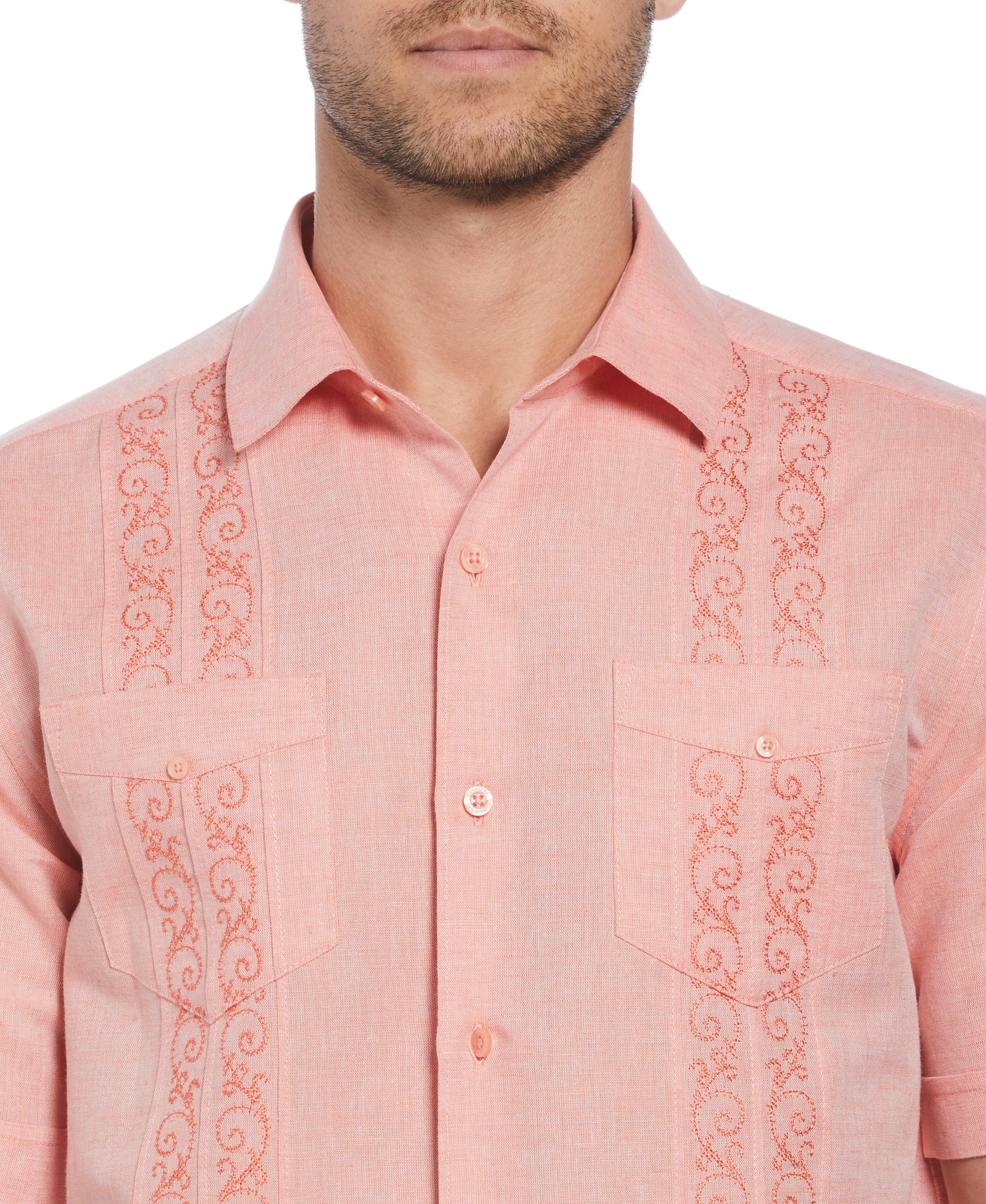 Linen Blend Embroidered Panel Guayabera Shirt - Image 3