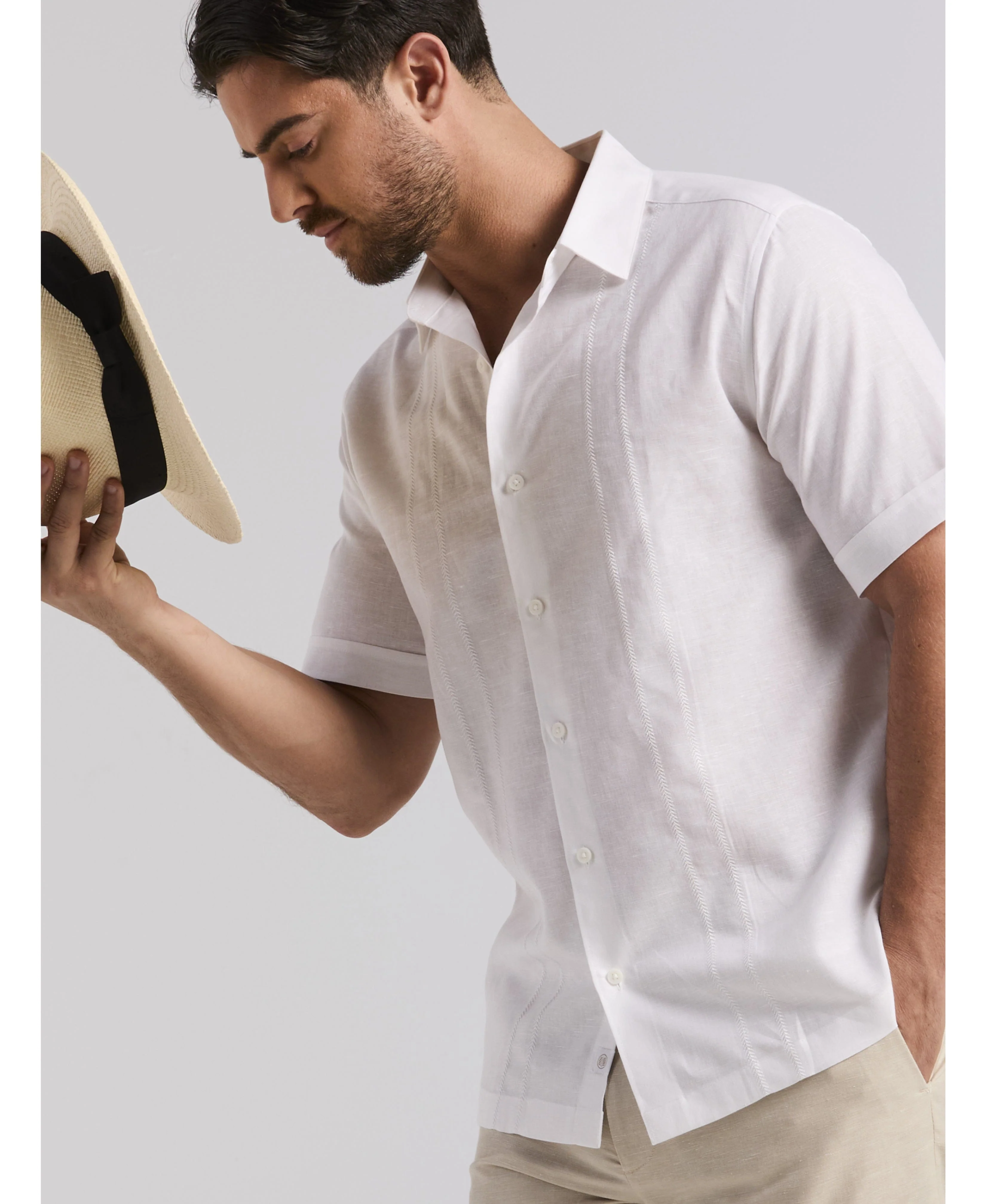 Linen Blend Embroidered Panel Shirt - Image 12