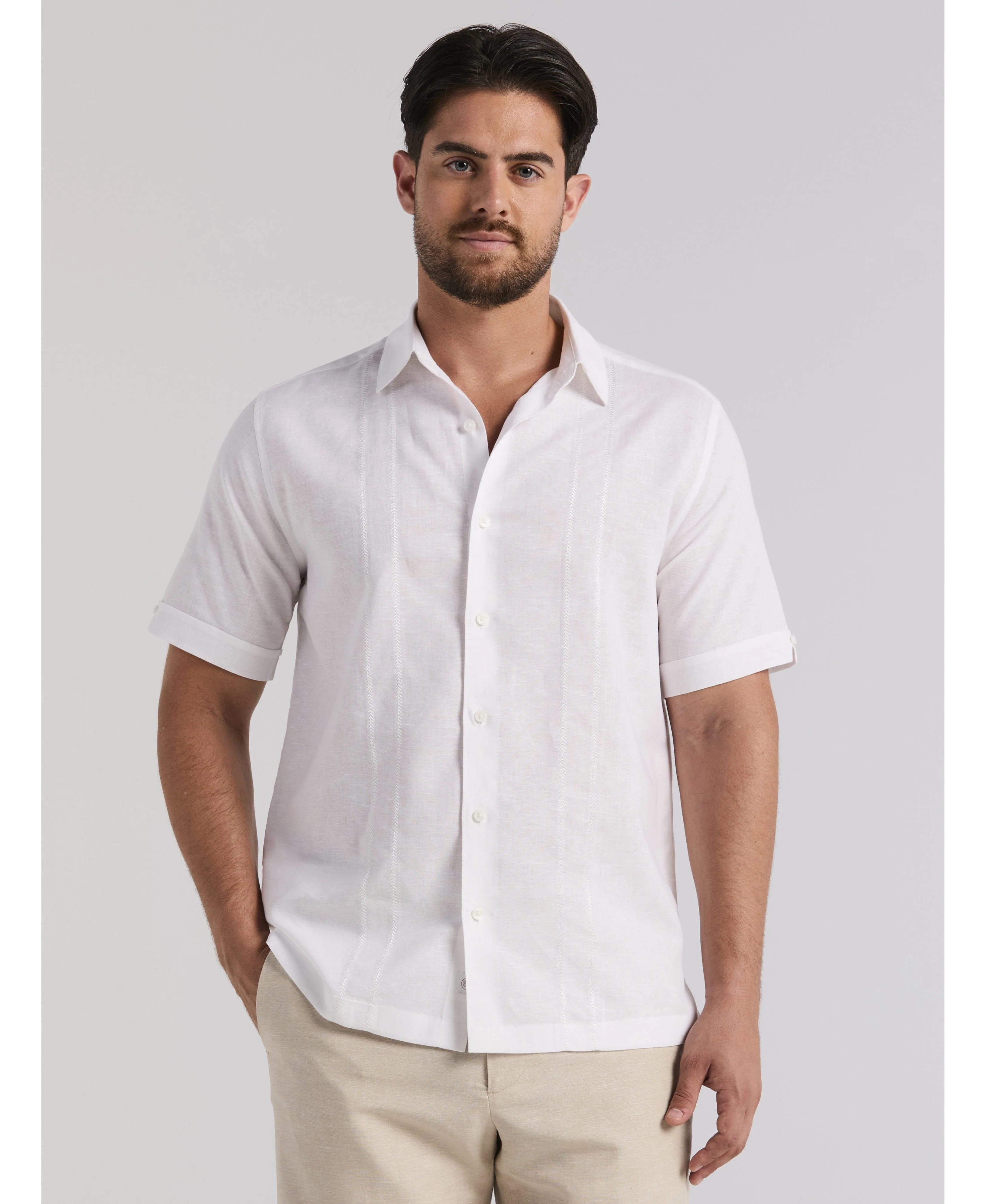 Linen Blend Embroidered Panel Shirt - Image 7