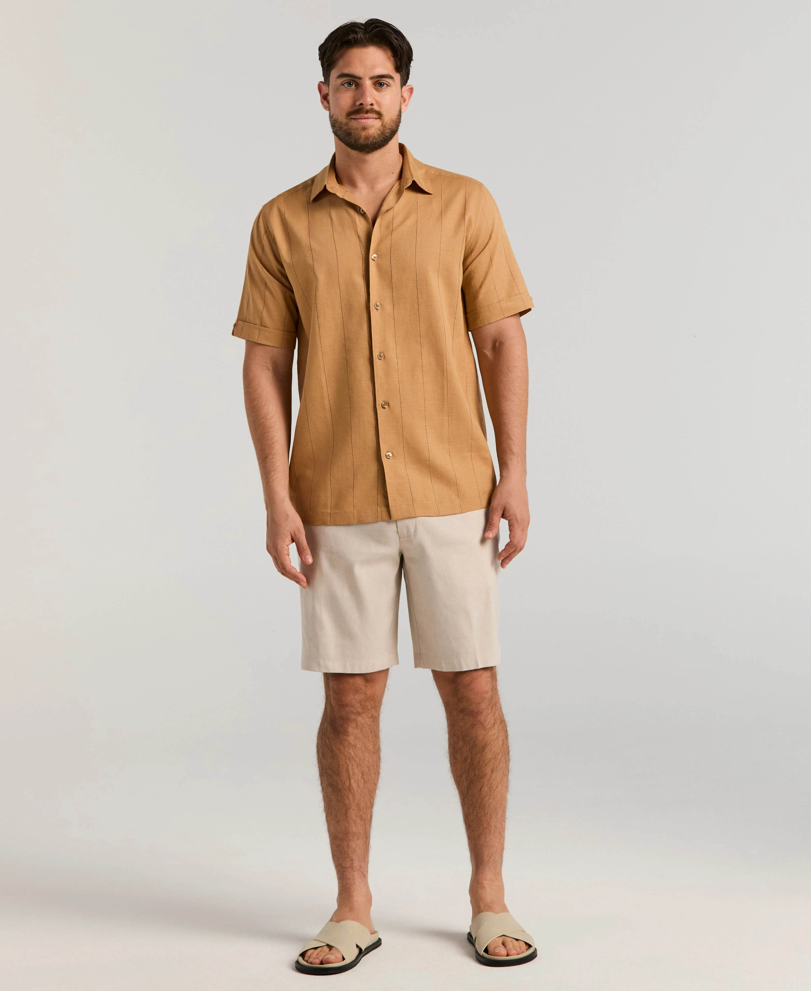 Linen-Blend Stretch Flat-Front Shorts - Image 3