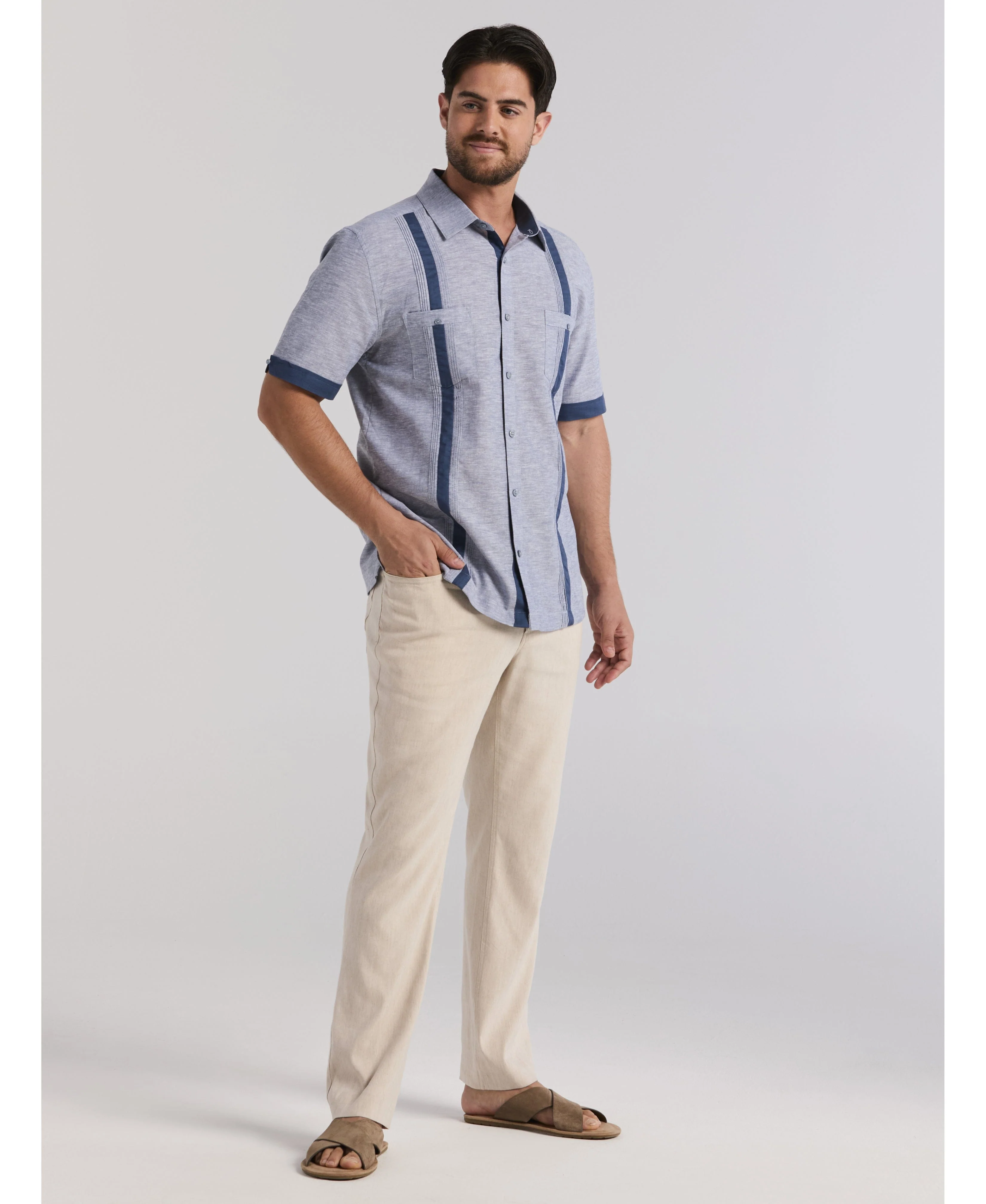 Linen Blend Cross Dye Guayabera Shirt - Image 5