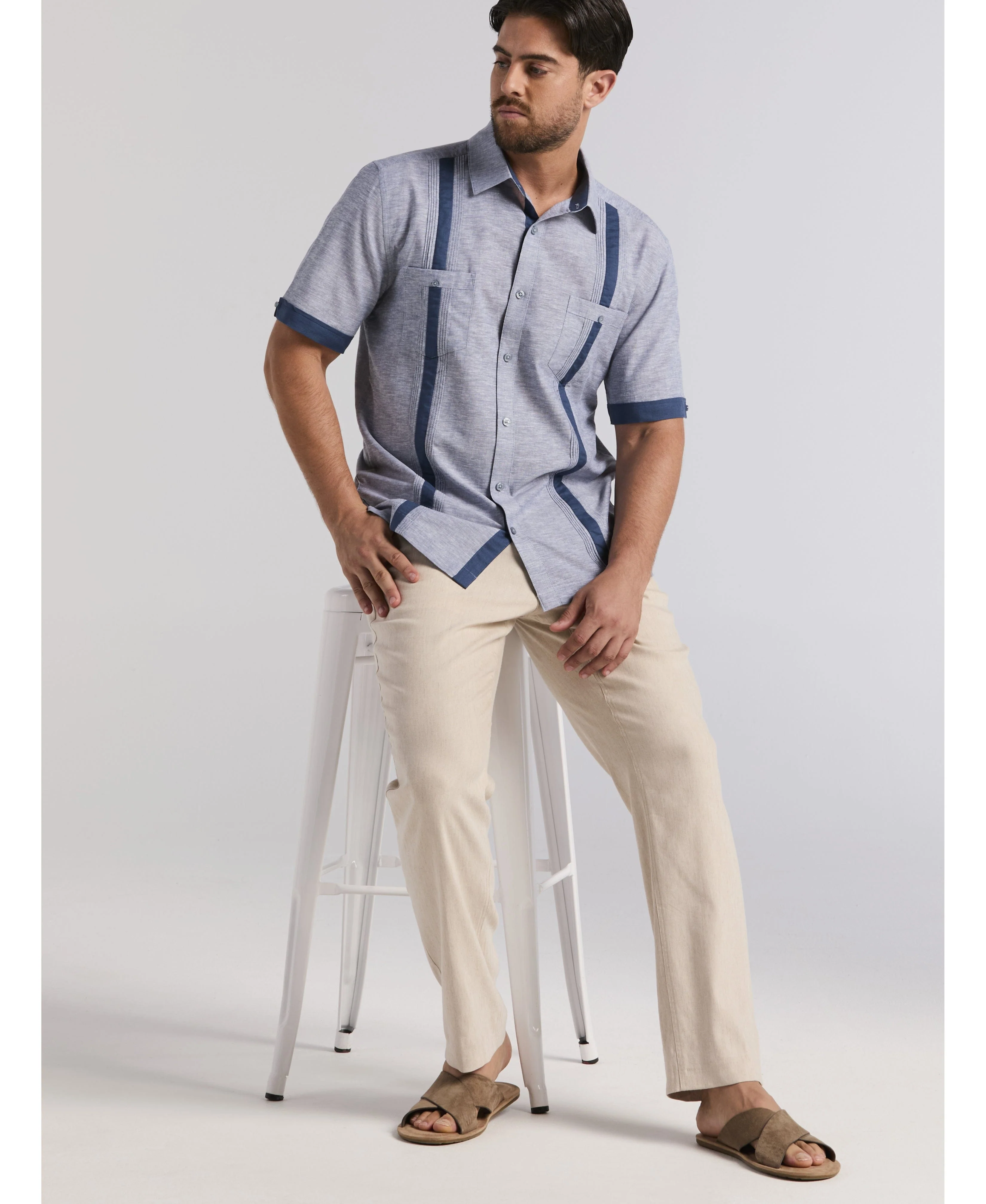 Linen Blend Cross Dye Guayabera Shirt - Image 7