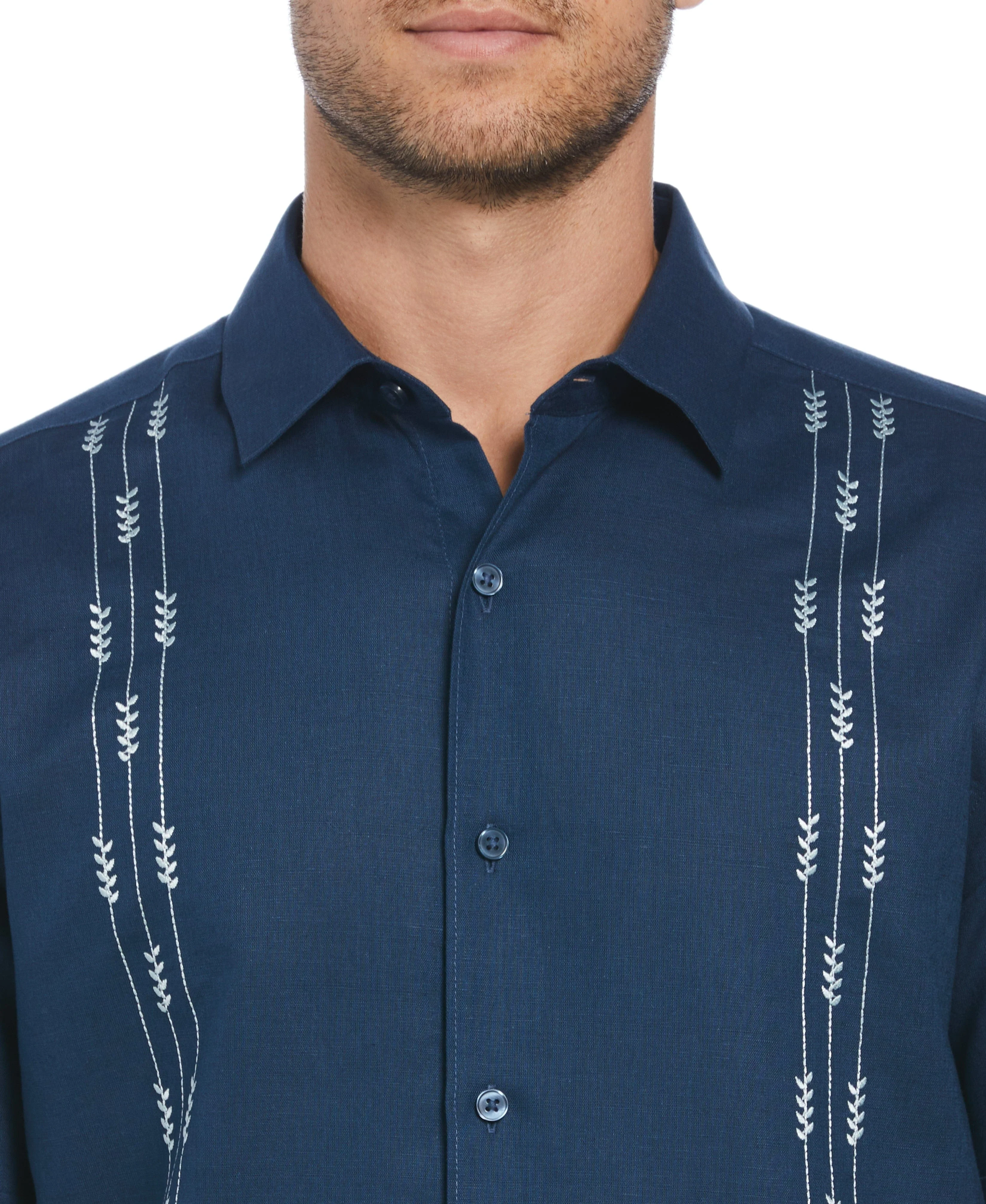 Linen Blend Leaf Embroidery Panel Guayabera Shirt - Image 3
