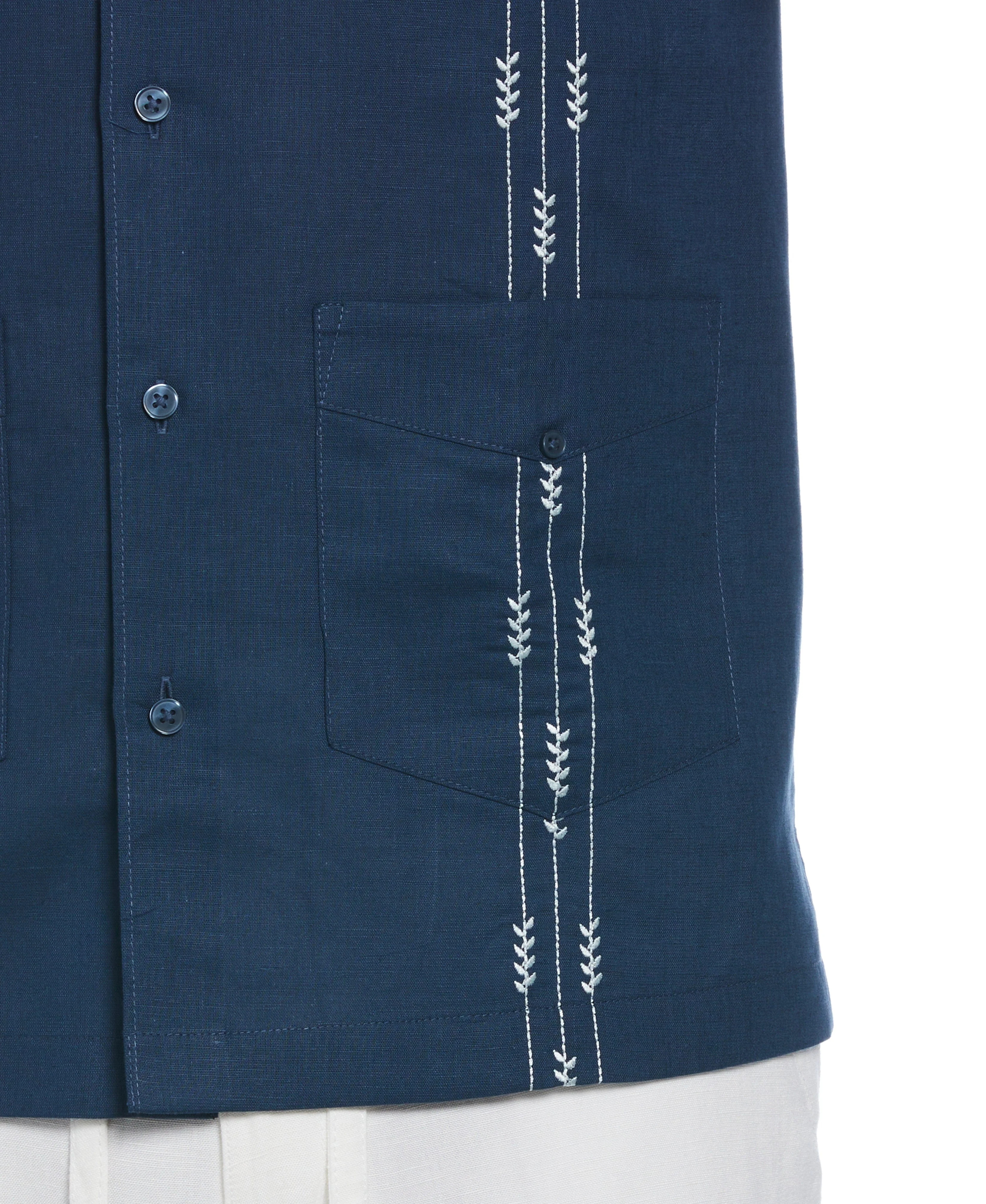 Linen Blend Leaf Embroidery Panel Guayabera Shirt - Image 4