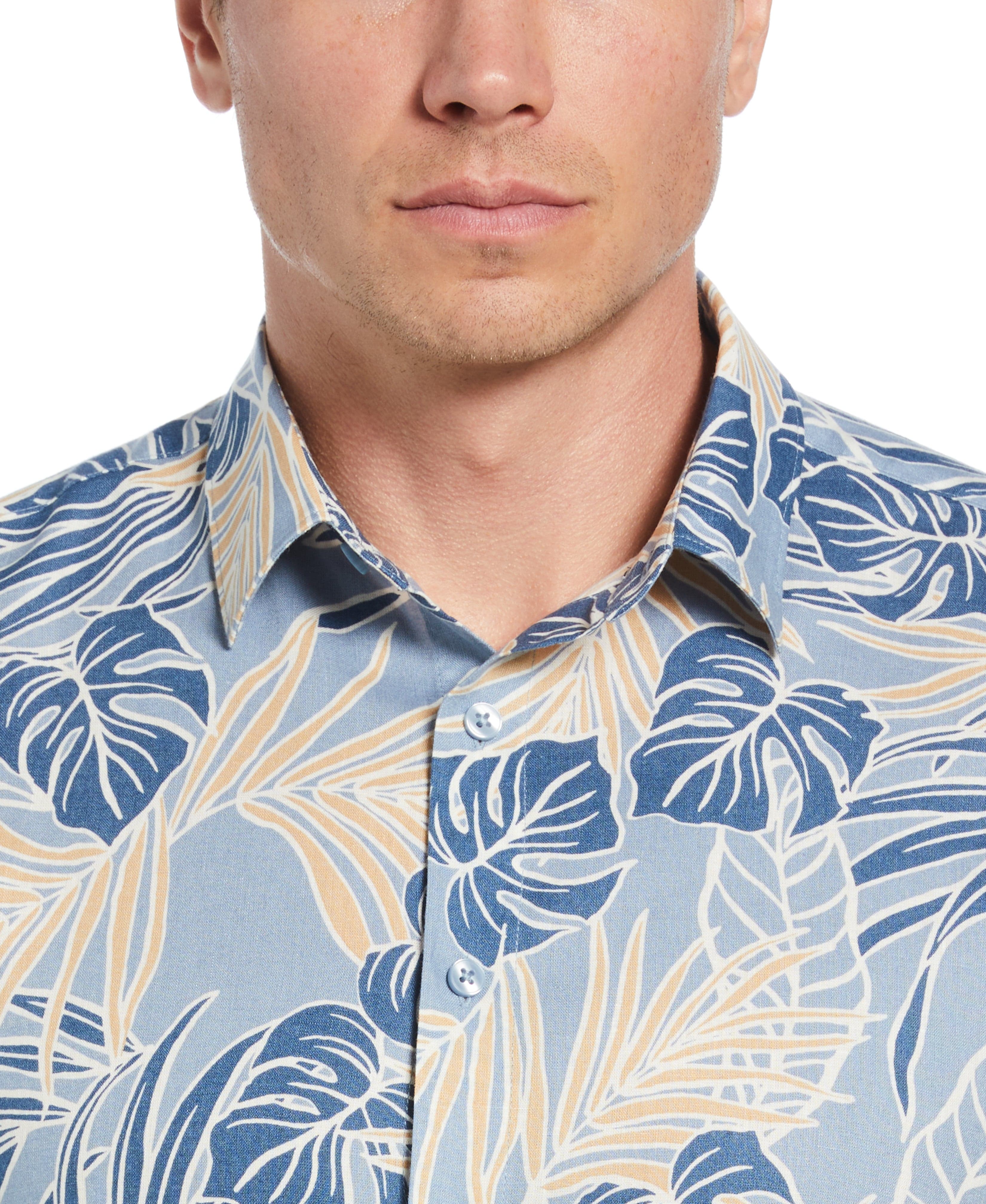 Linen-Blend Leaf Outline Print Shirt - Image 4
