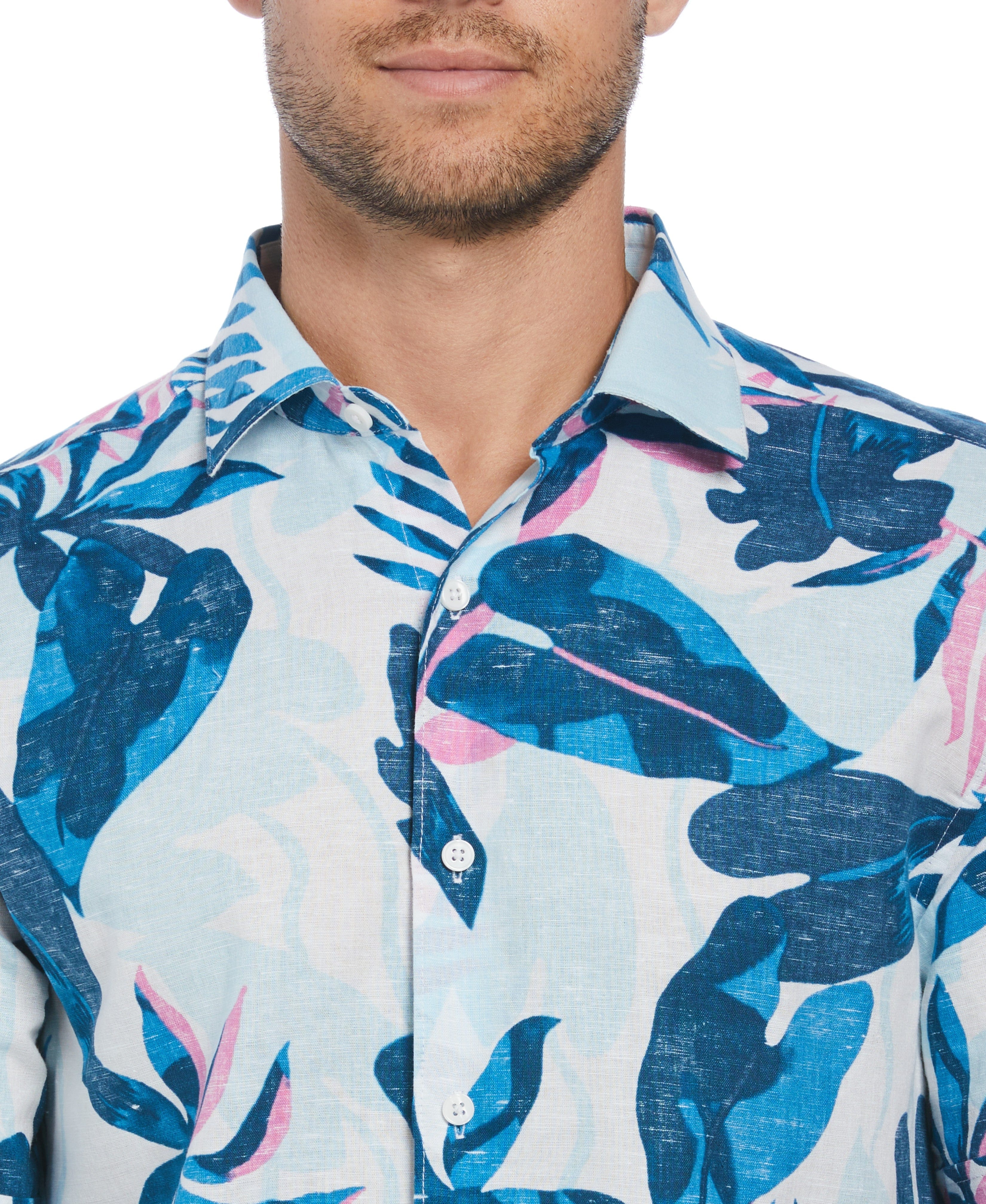 Linen Blend Reverse Tropical Print Shirt - Image 3