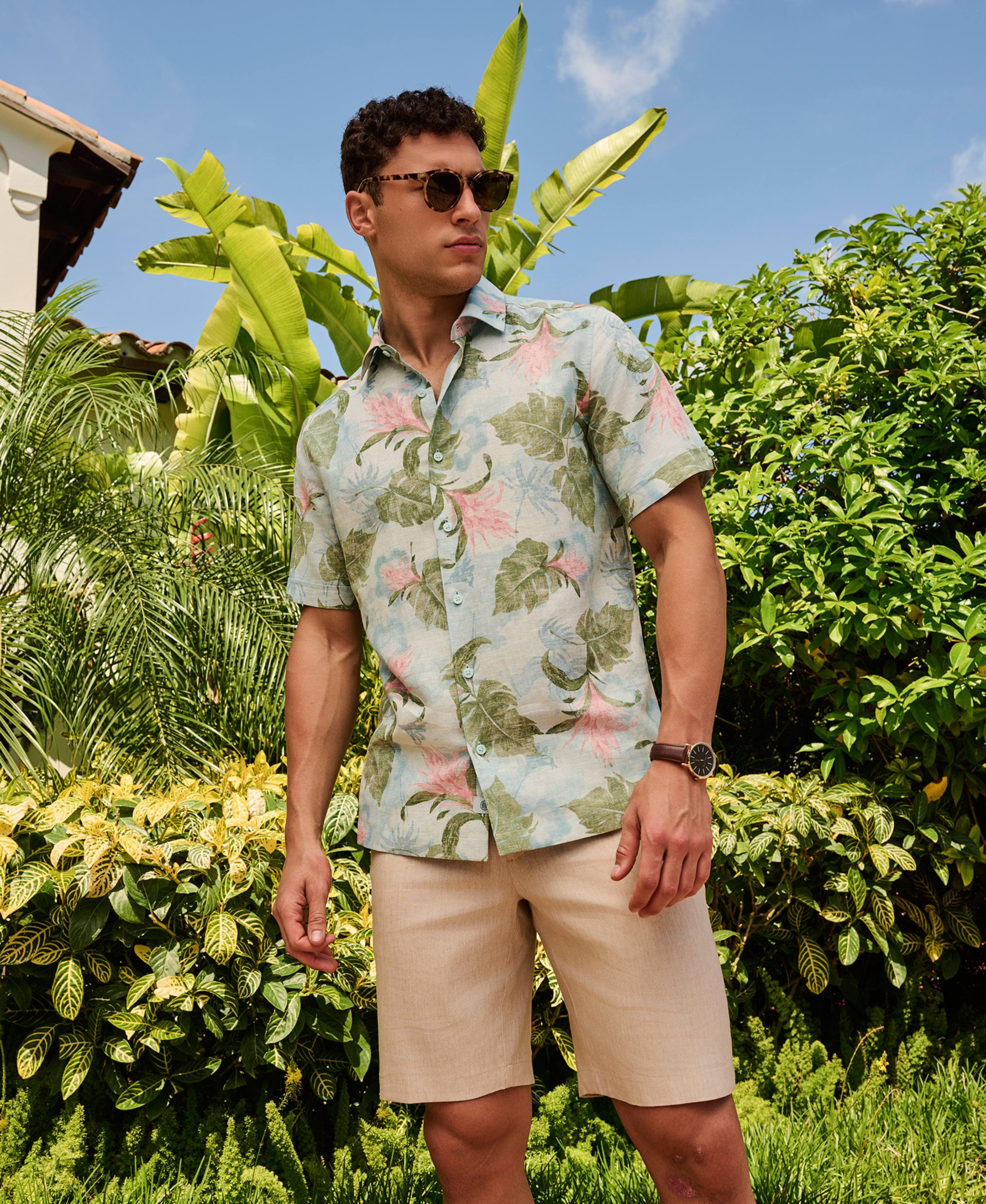 Linen Blend Tropical Floral Print Shirt - Image 2