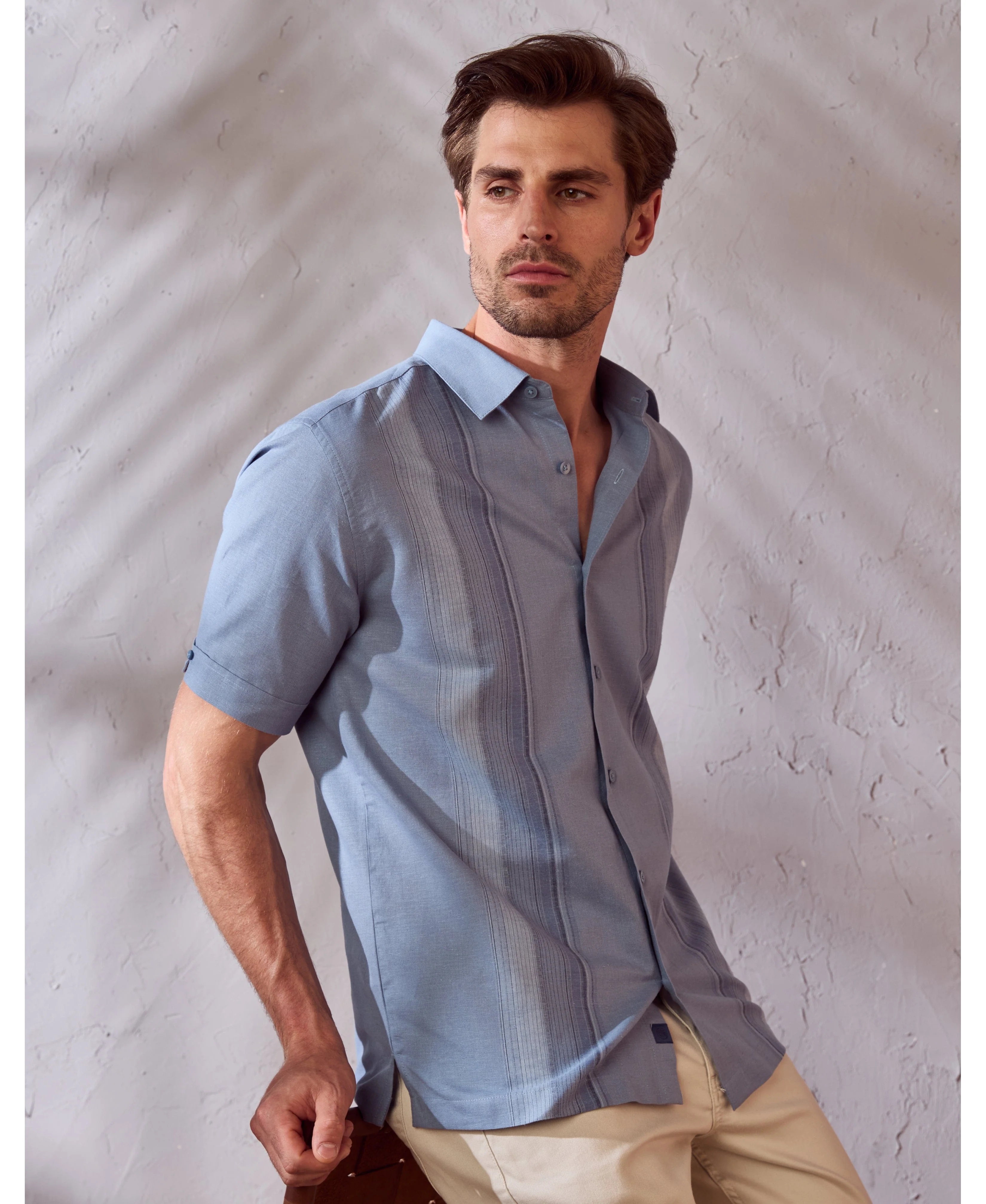 Linen Blend Yarn Dye Panel Shirt - Image 15