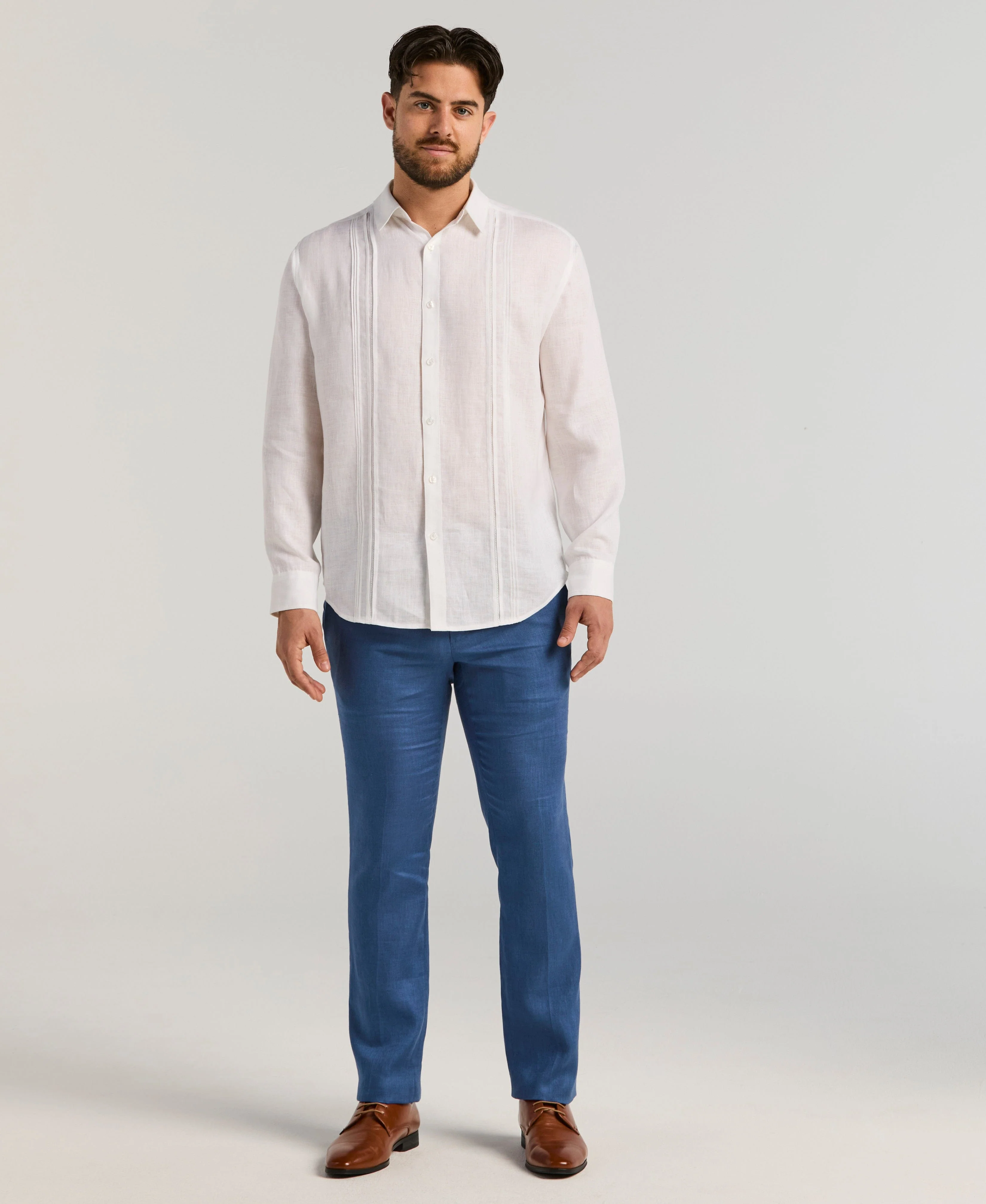 Linen Embroidered Tuck Panel Guayabera Shirt - Image 3
