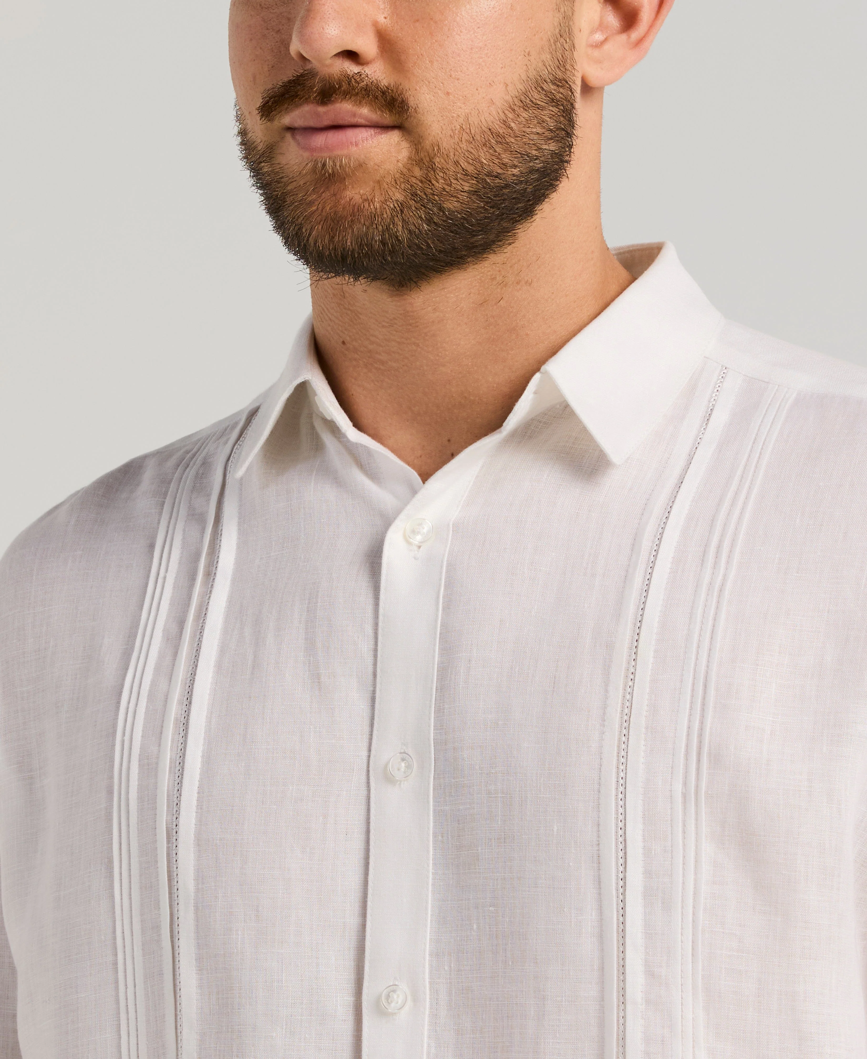 Linen Embroidered Tuck Panel Guayabera Shirt - Image 4