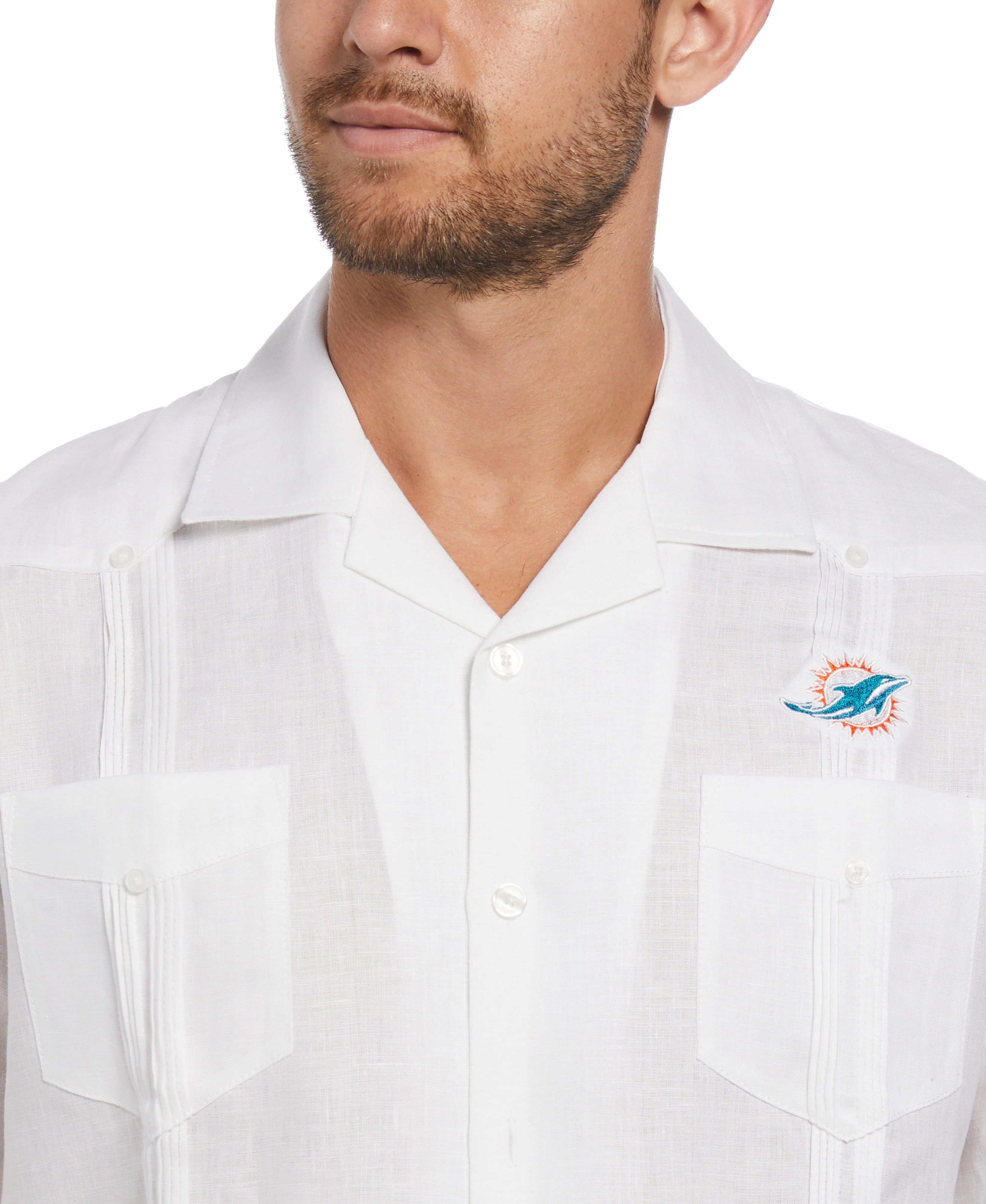 Big & Tall Miami Dolphins Logo Linen Short Sleeve 4 Pocket Guayabera - Image 4