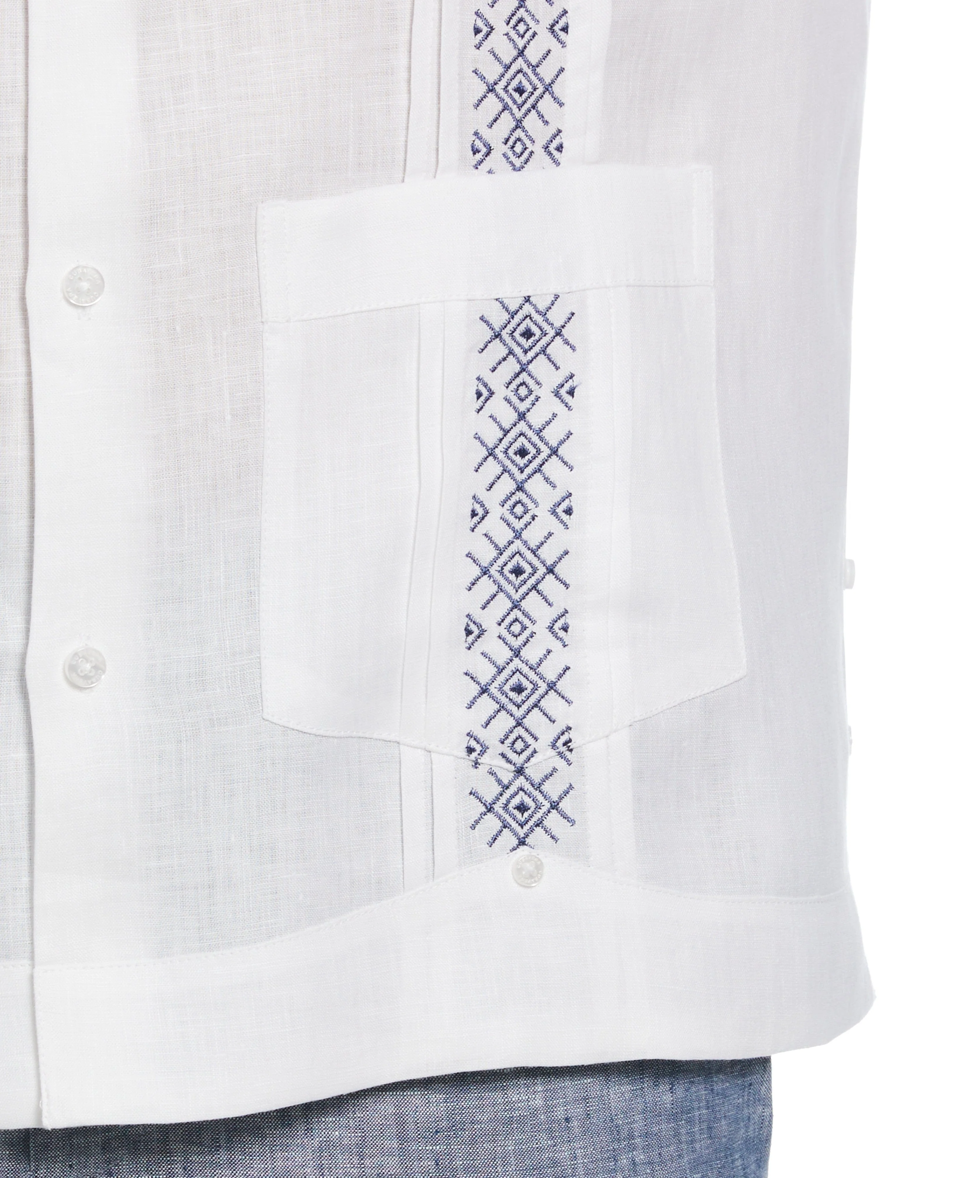 Solid Linen Guayabera Shirt With Contrast Embroidery - Image 3