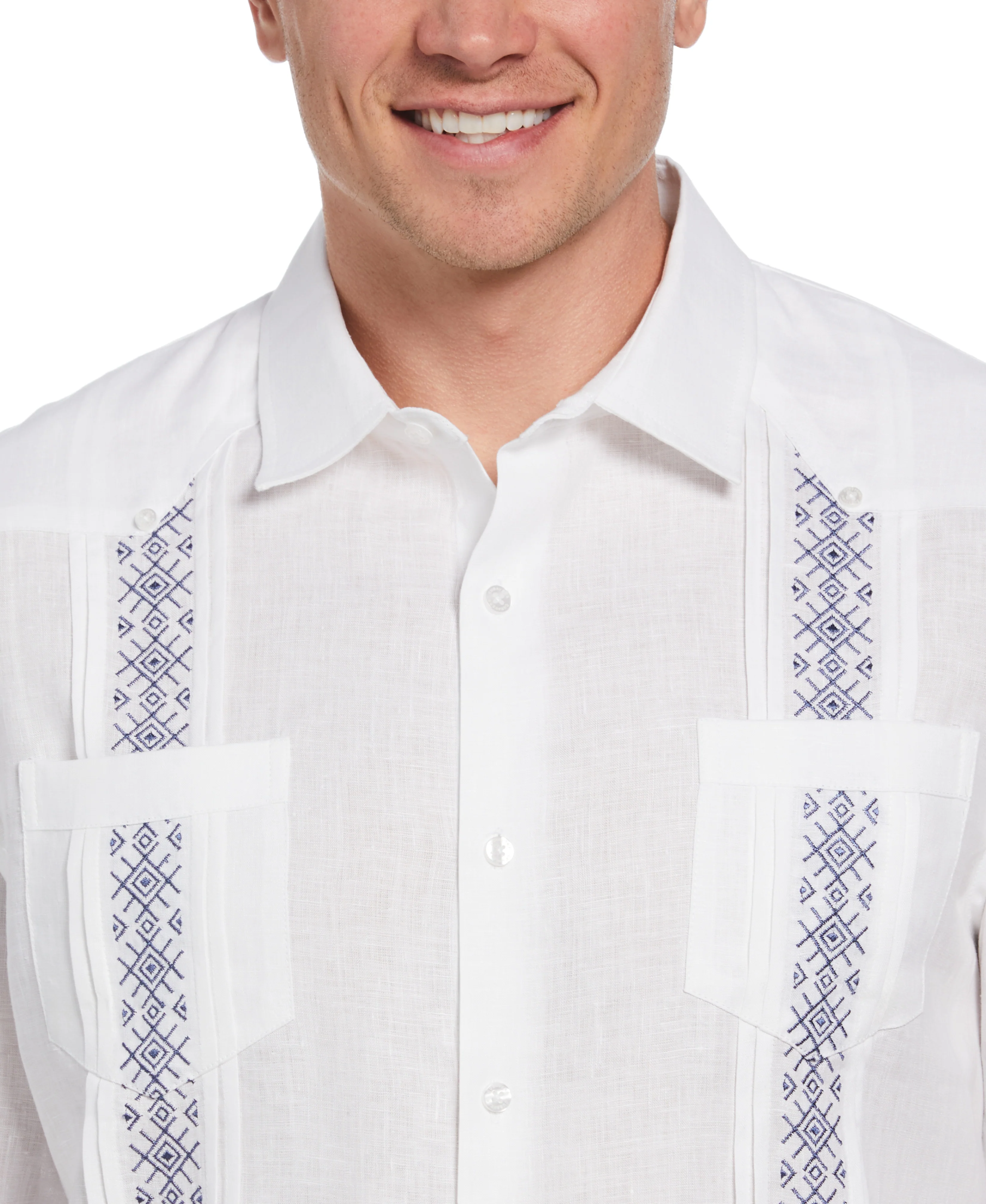 Solid Linen Guayabera Shirt With Contrast Embroidery - Image 4